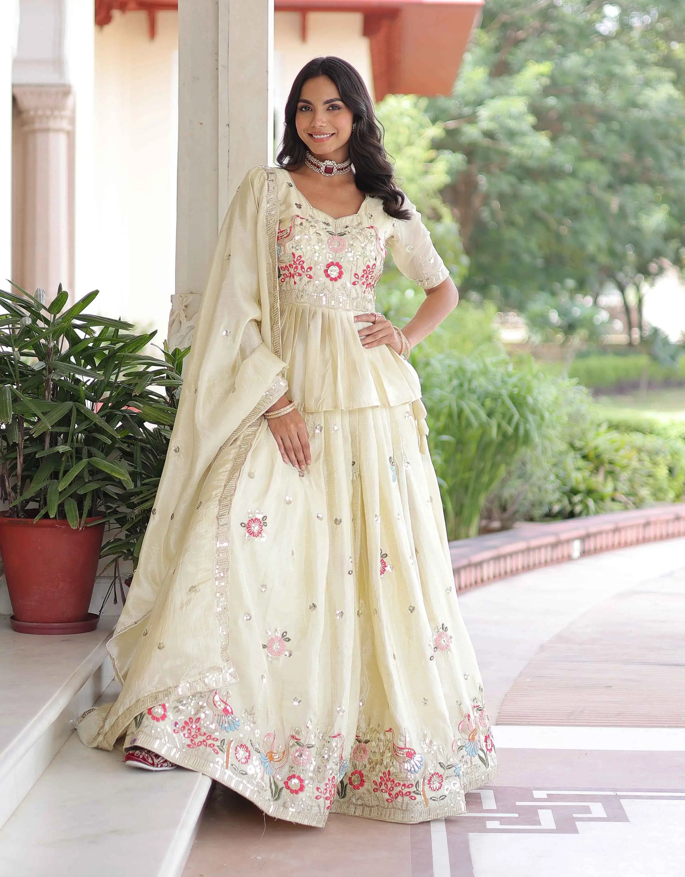 Beige Gold crush Embroidery Work Lehenga Choli