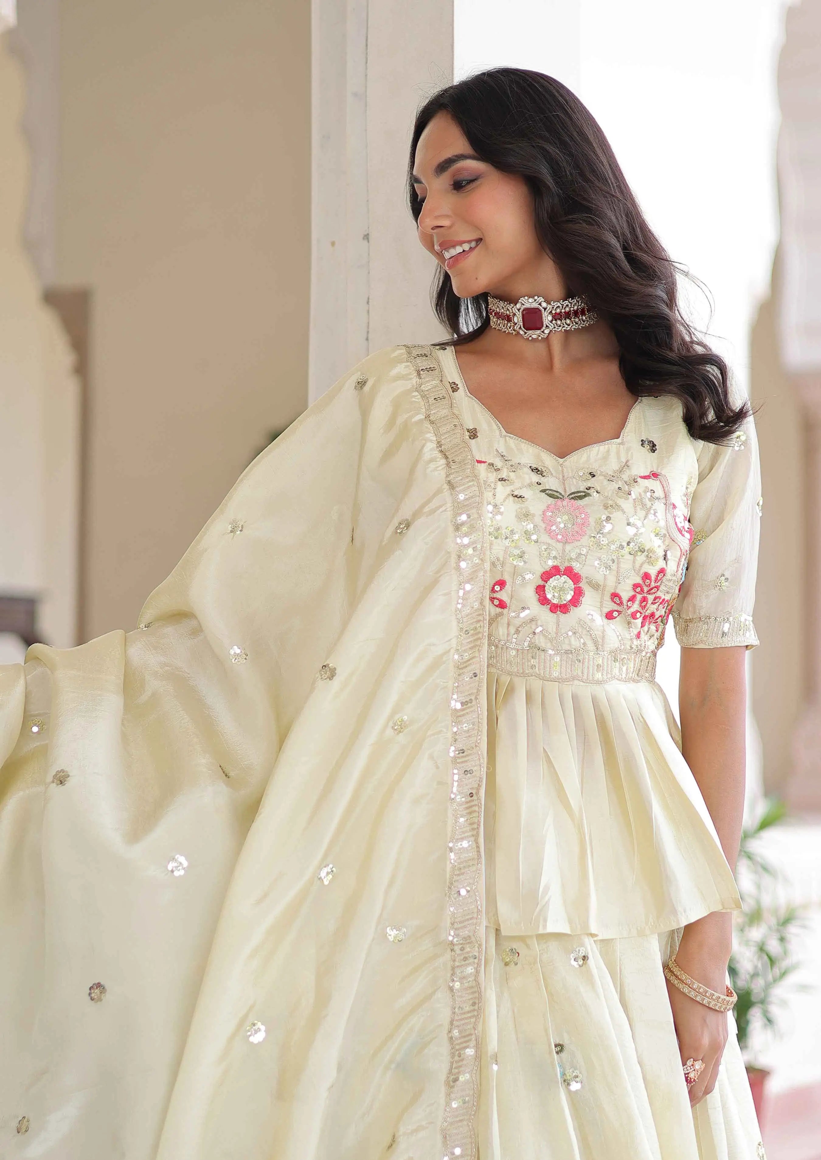 Beige Gold crush Embroidery Work Lehenga Choli