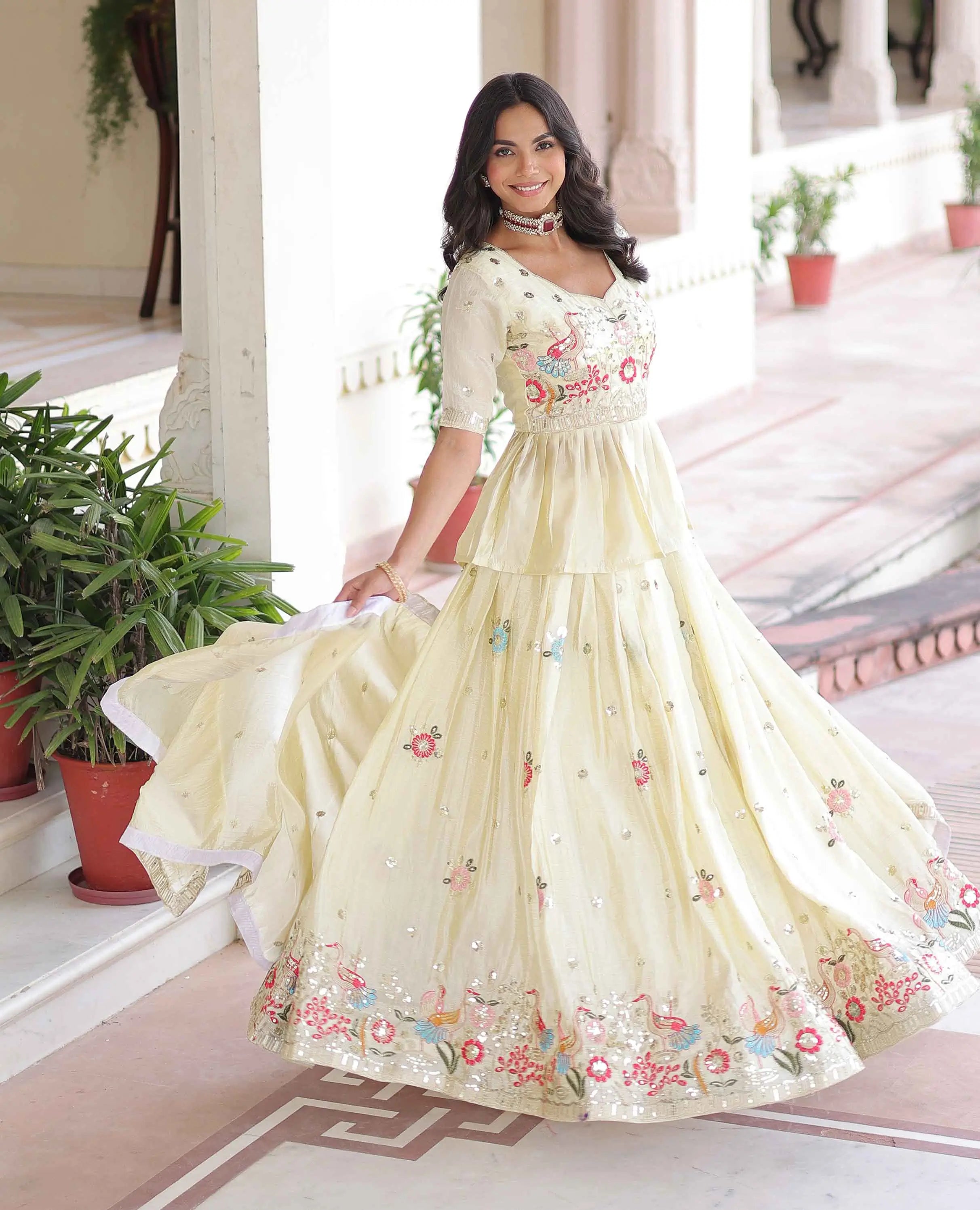 Beige Gold crush Embroidery Work Lehenga Choli