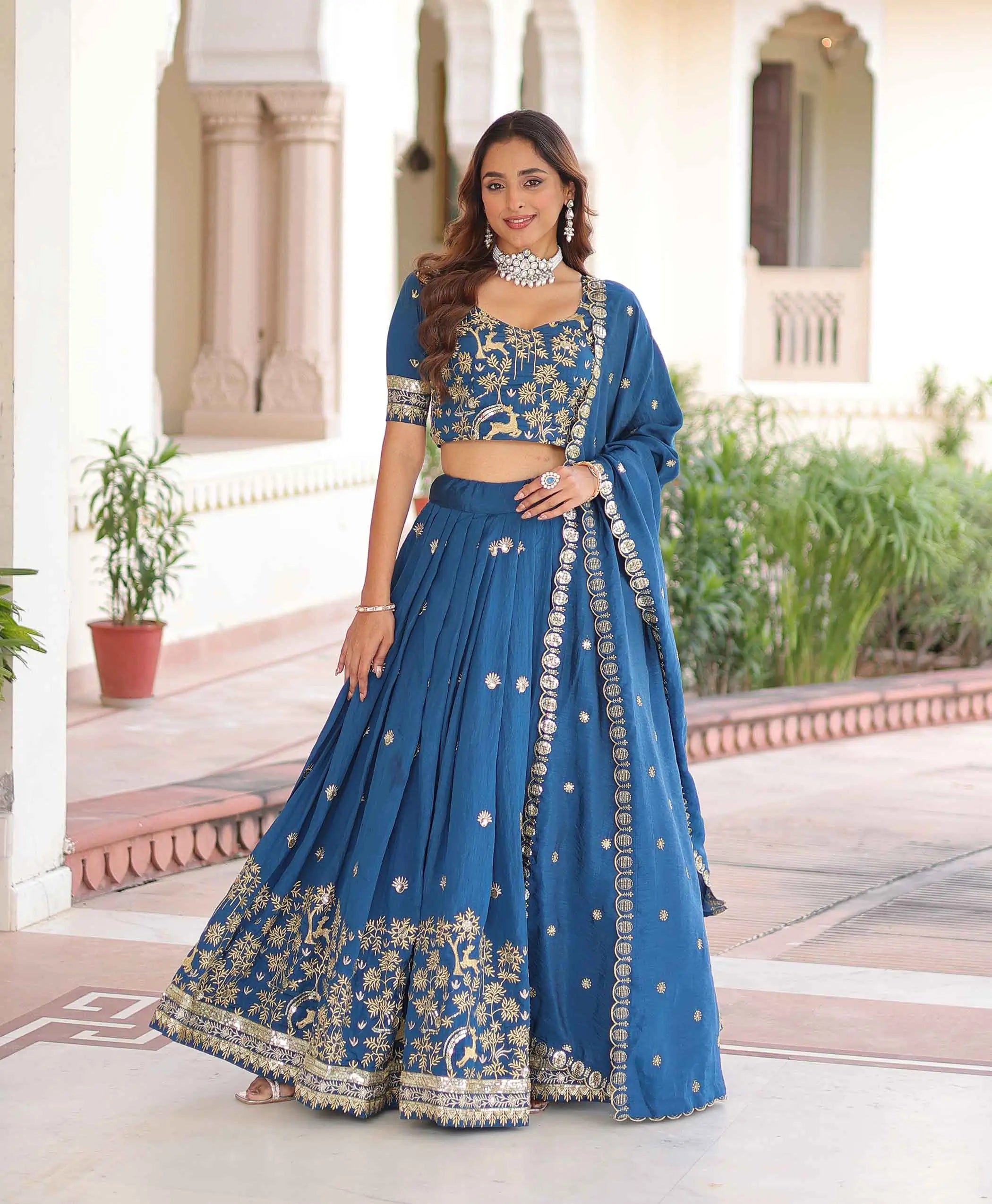 Muted Blue Embroidery Work Lehenga Choli