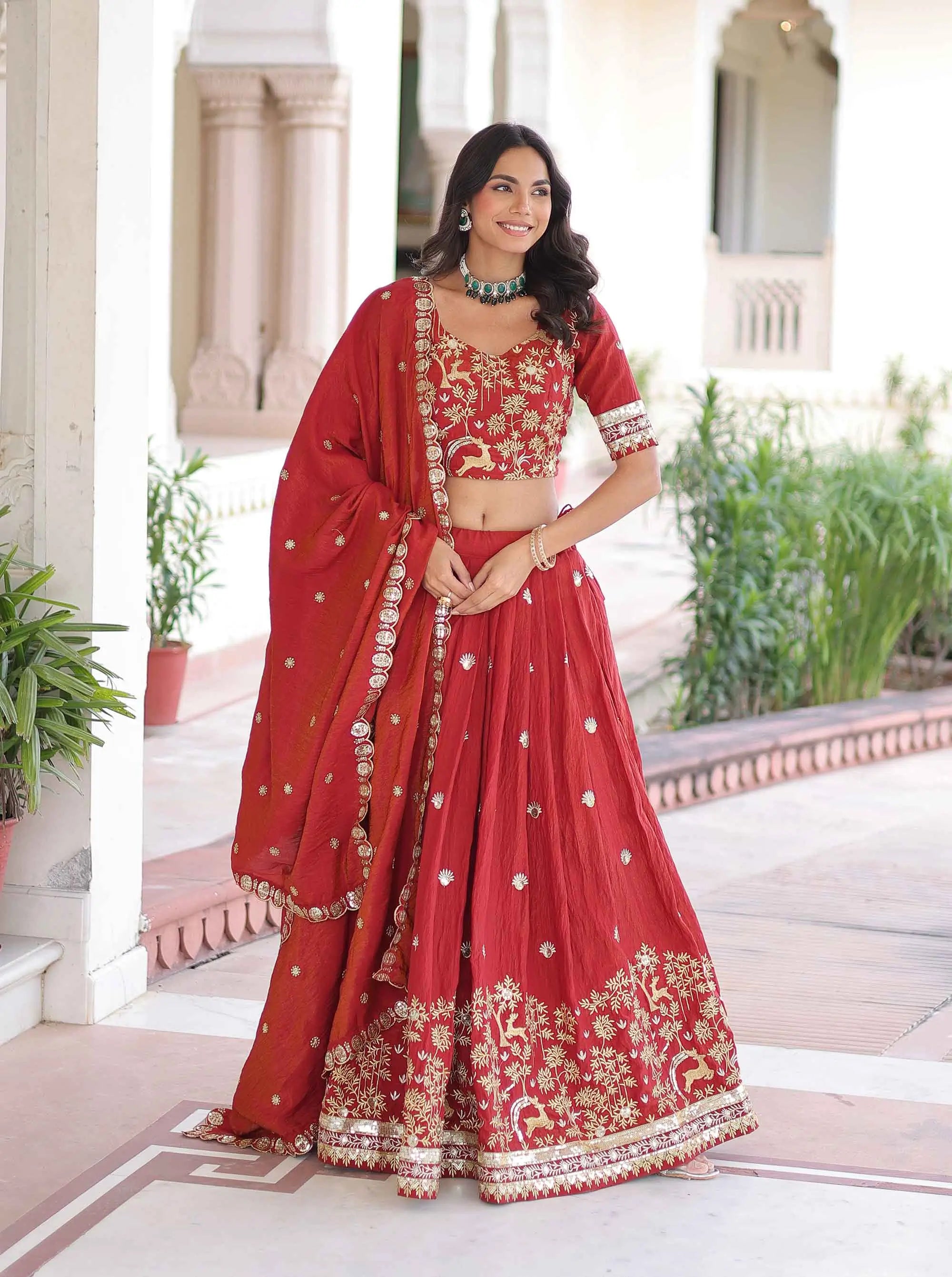 Red Brown Embroidery Work Lehenga Choli