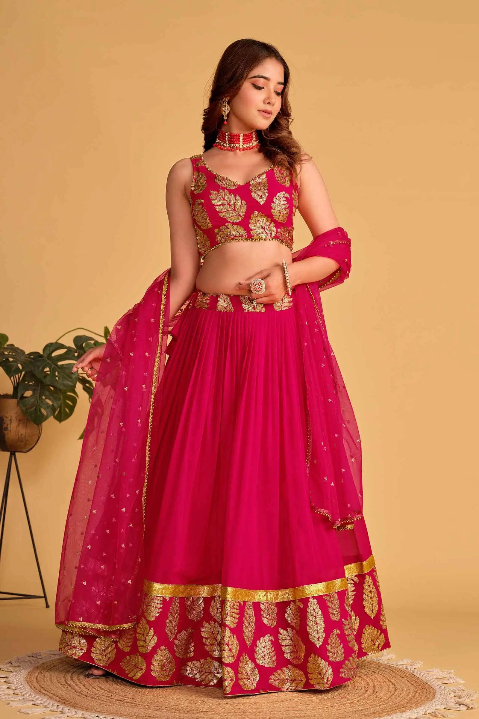 Pink Designer Lehenga Georgette Lehenga With Sequins And Zari Embroidered Work | Ready To Wear - qivii