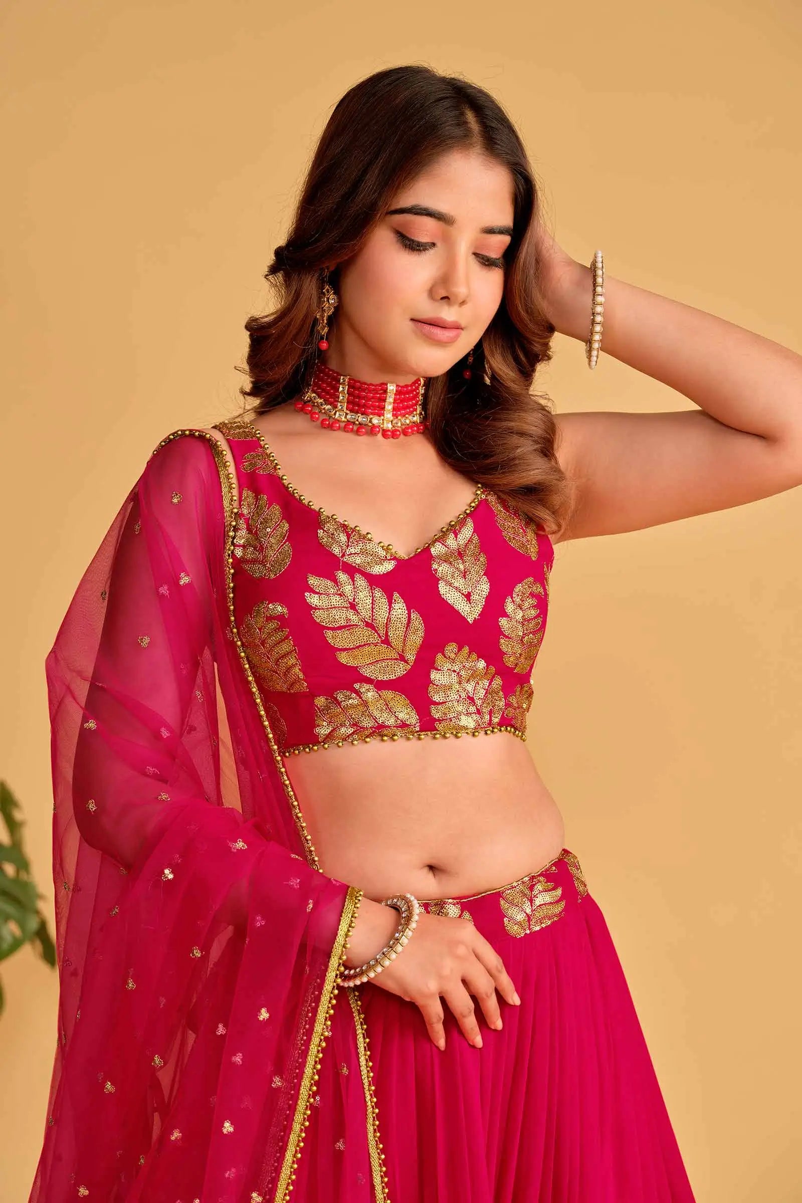 Pink Designer Lehenga Georgette Lehenga With Sequins And Zari Embroidered Work | Ready To Wear - qivii