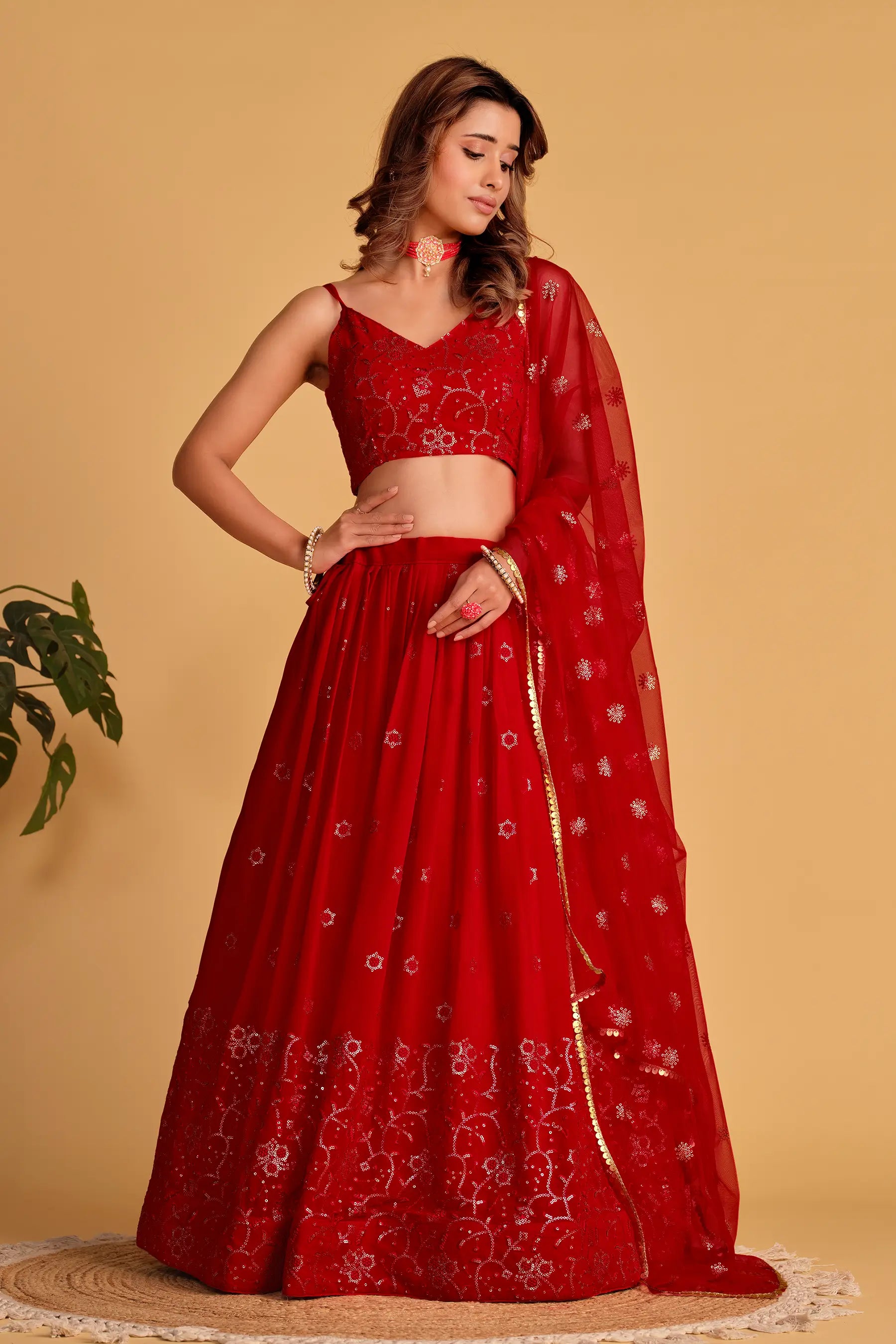 Red Georgette Lehenga With Sequins And Zari Embroidered Work - qivii