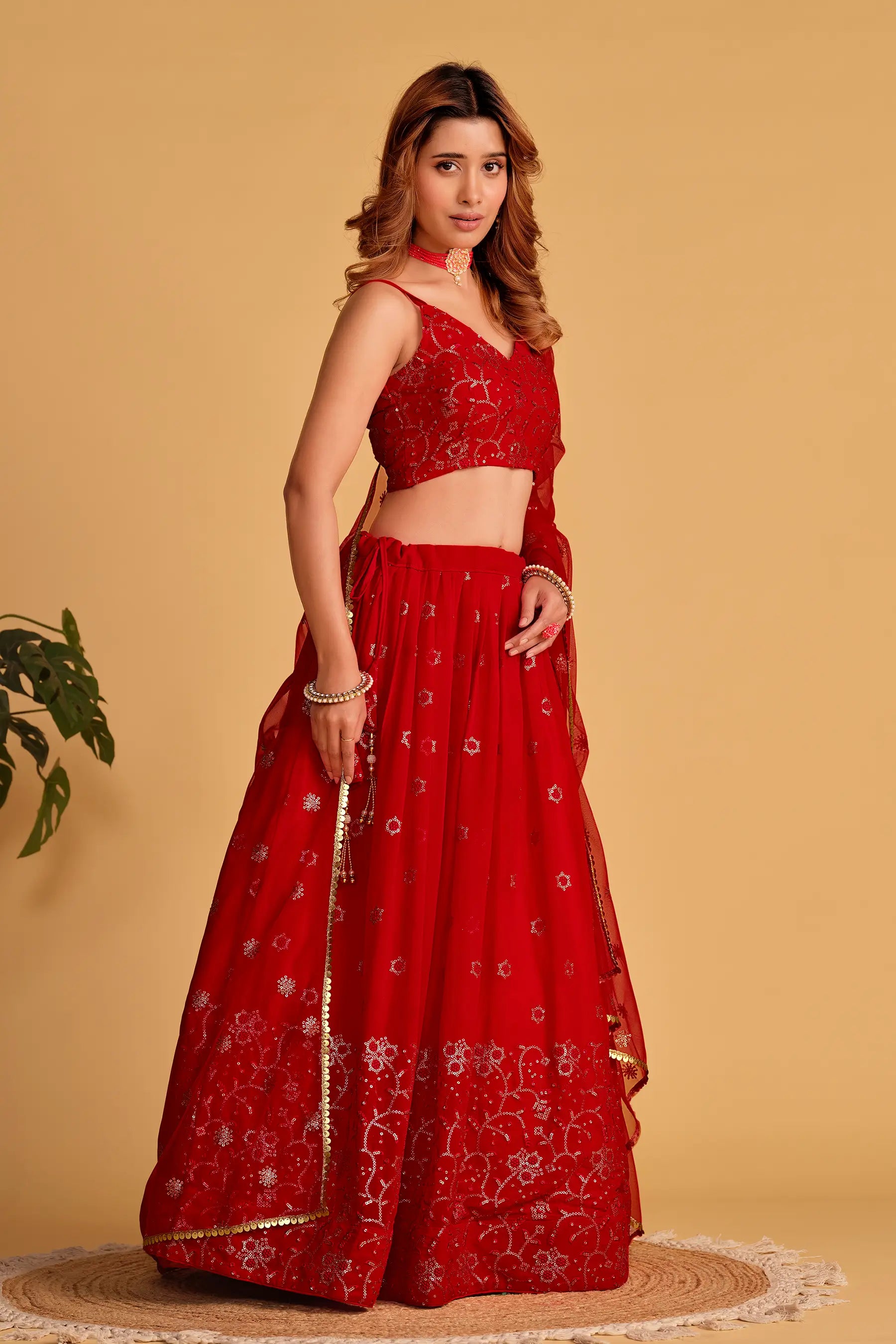 Red Georgette Lehenga With Sequins And Zari Embroidered Work | Ready To Wear - qivii