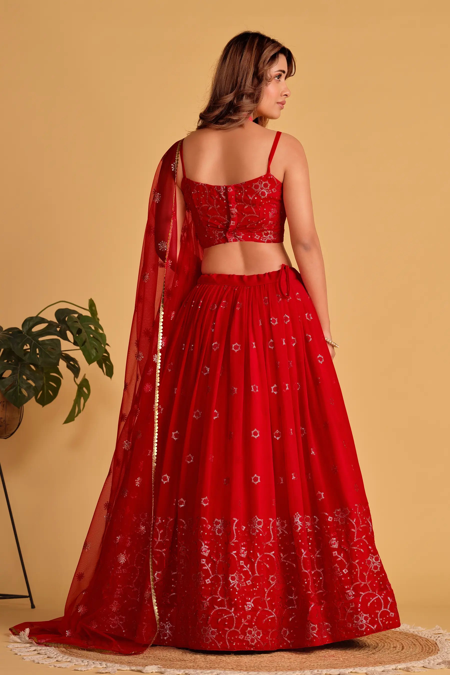 Red Georgette Lehenga With Sequins And Zari Embroidered Work | Ready To Wear - qivii