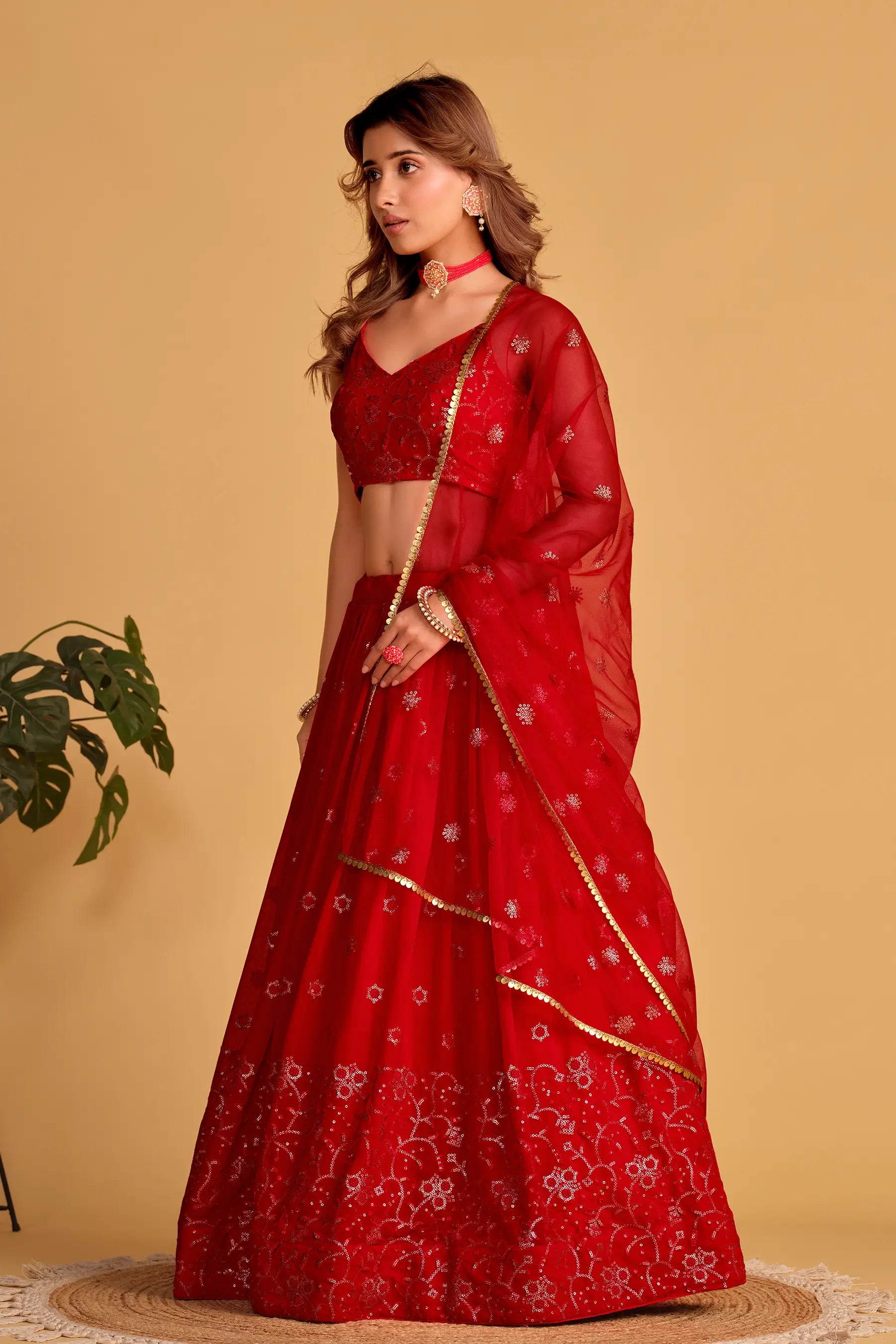 Red Georgette Lehenga With Sequins And Zari Embroidered Work | Ready To Wear - qivii