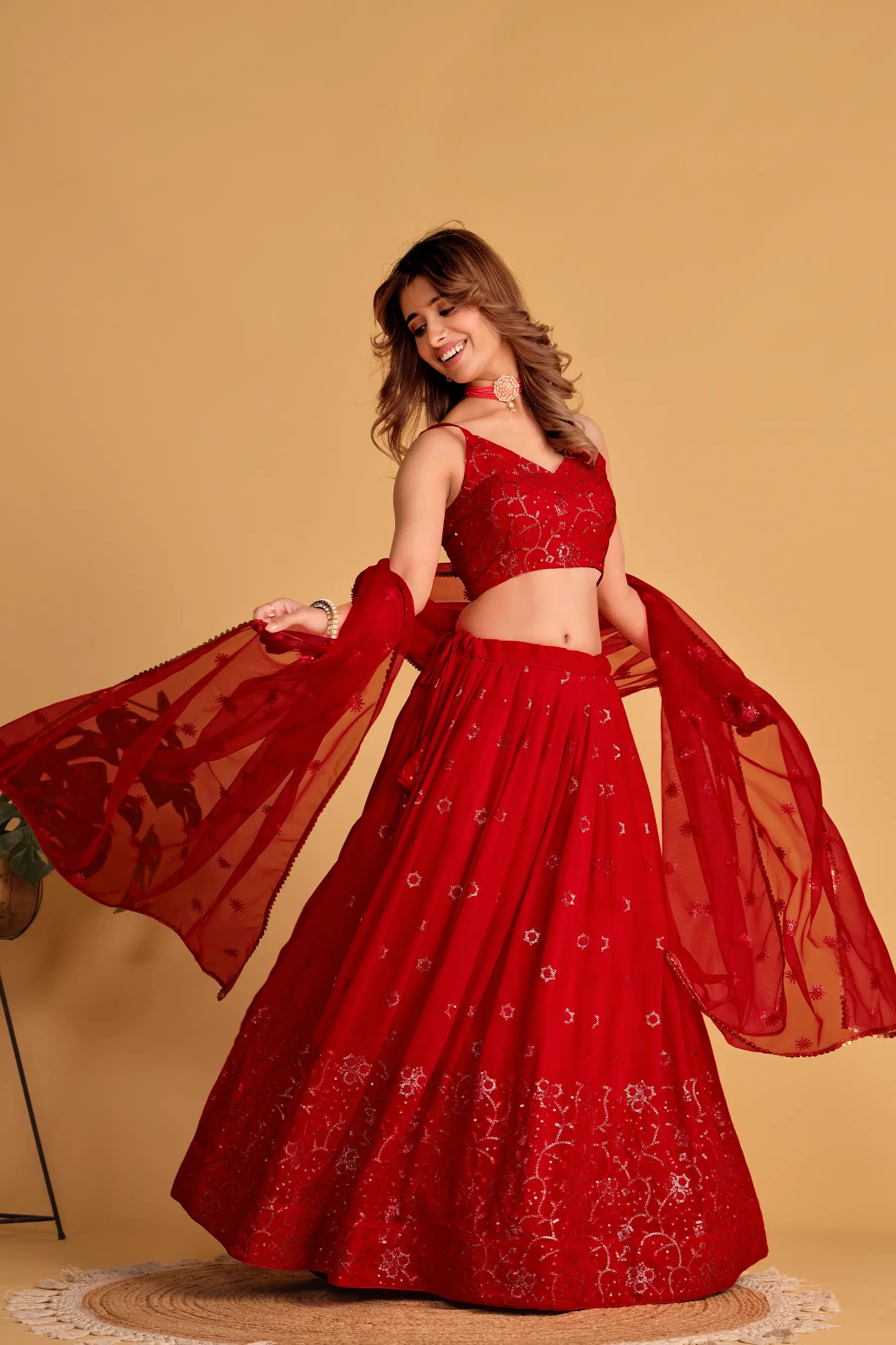 Red Georgette Lehenga With Sequins And Zari Embroidered Work | Ready To Wear - qivii