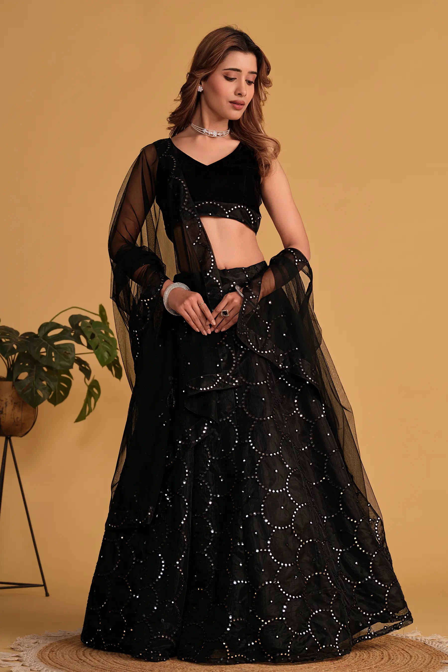 Black Organza Net Lehenga With Sequins Embroidered Work With Net Dupatta | Ready To Wear - qivii