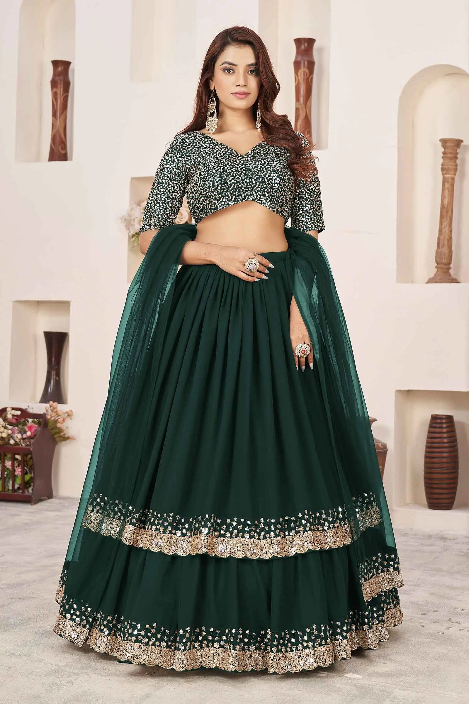 Green Designer Georgette Lehenga With Sequins And Zari embroidery Work | Ready To Wear - qivii