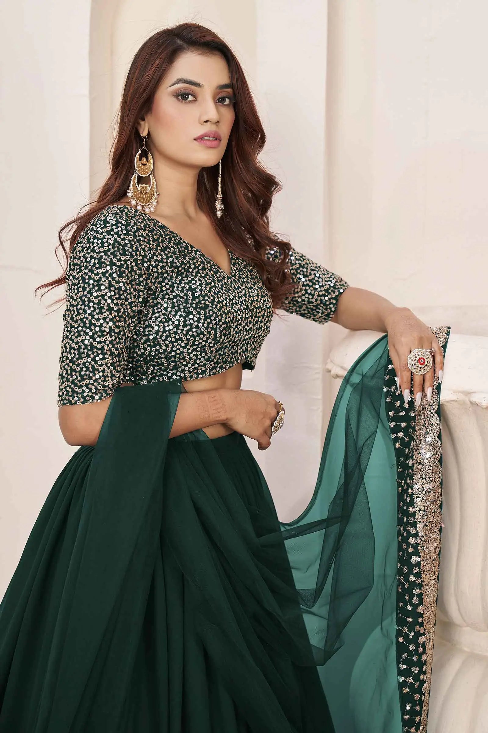 Green Designer Georgette Lehenga With Sequins And Zari embroidery Work | Ready To Wear - qivii