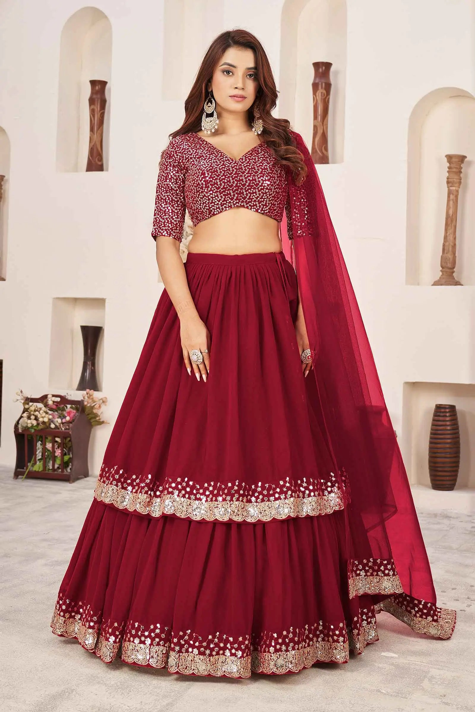 Red Designer Georgette Lehenga With Sequins And Zari embroidery Work | Ready To Wear - qivii