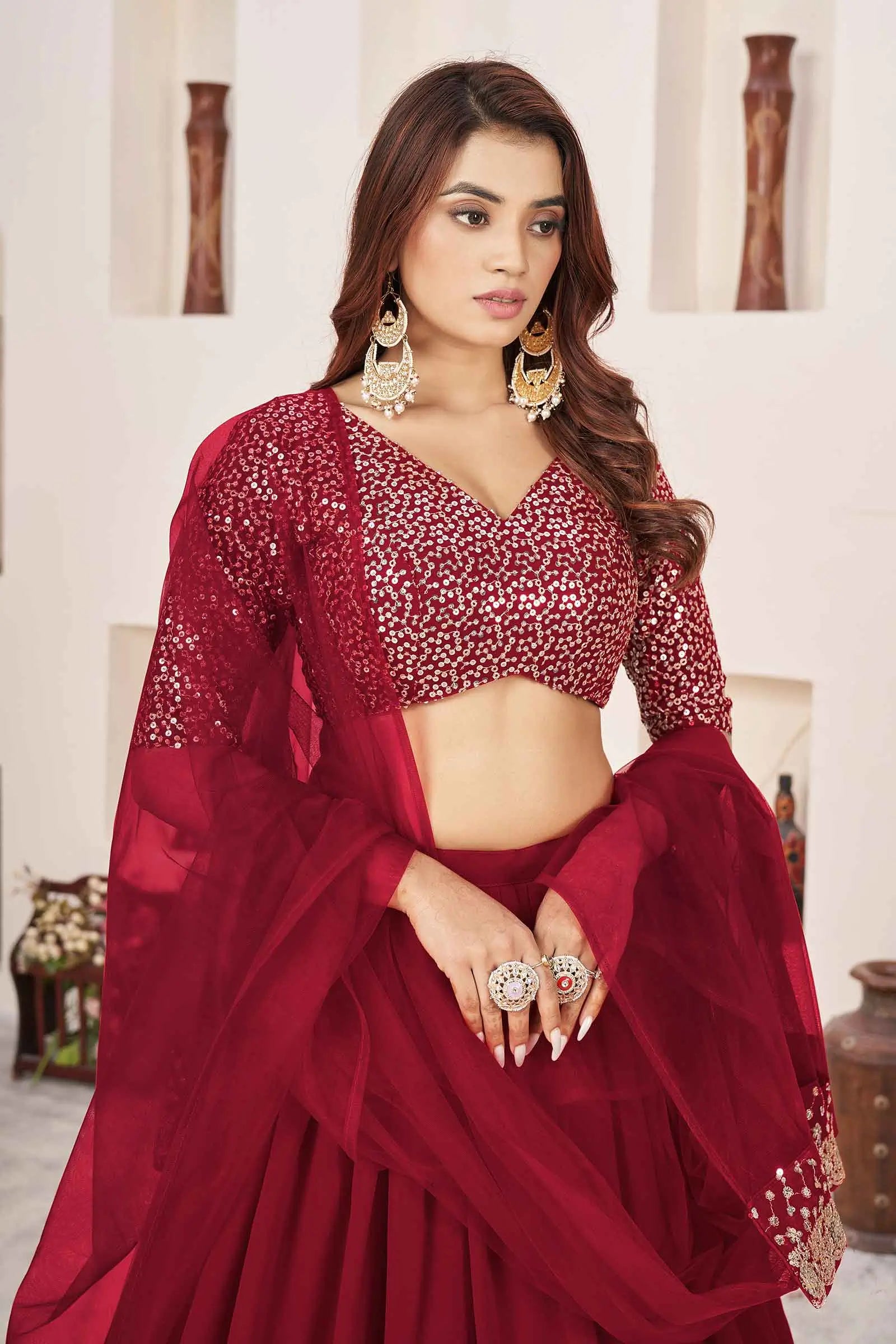 Red Designer Georgette Lehenga With Sequins And Zari embroidery Work | Ready To Wear - qivii