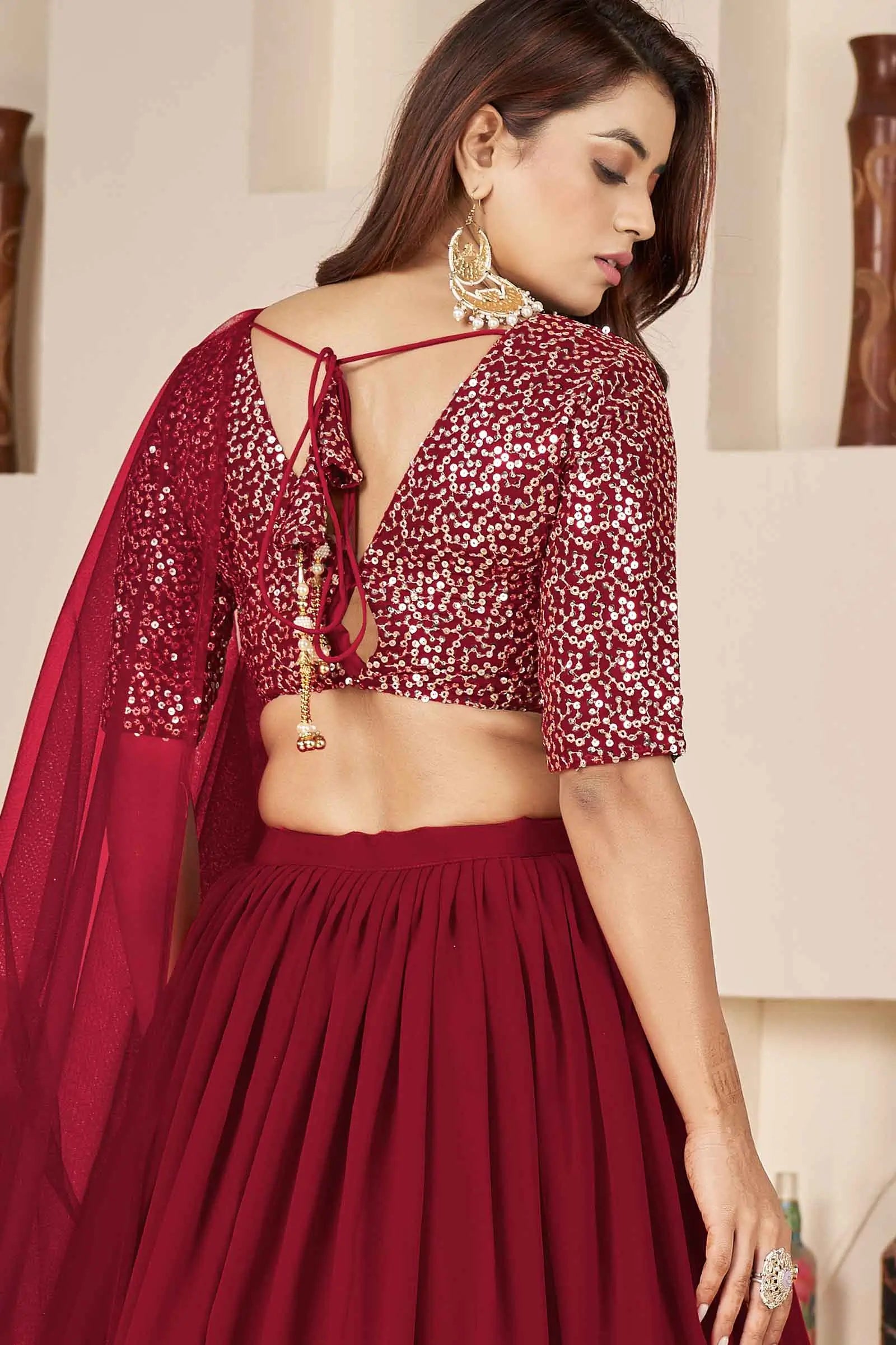 Red Designer Georgette Lehenga With Sequins And Zari embroidery Work | Ready To Wear - qivii