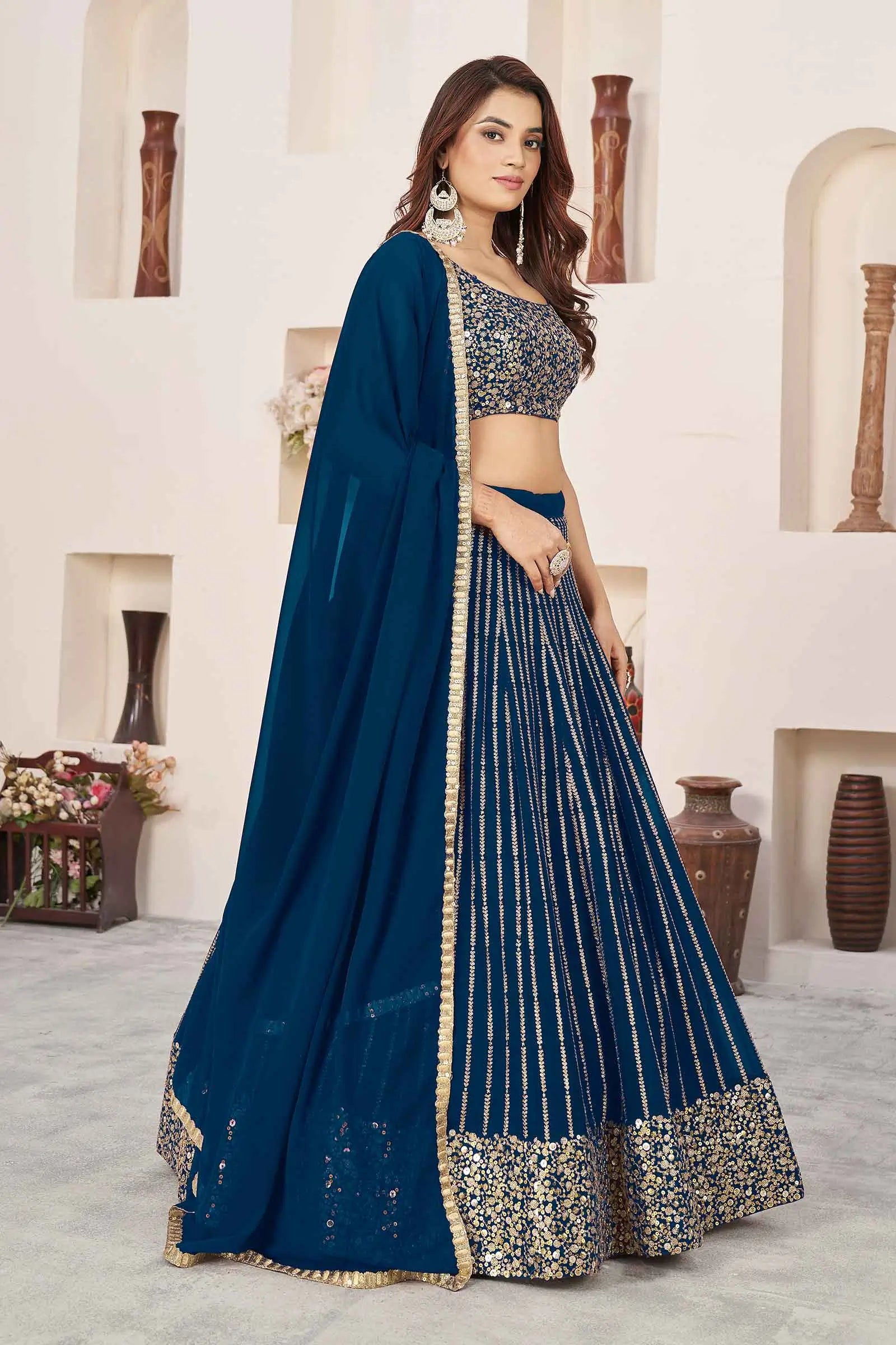 Prussian Blue Georgette Lehenga With Sequins And Zari Embroidered Work