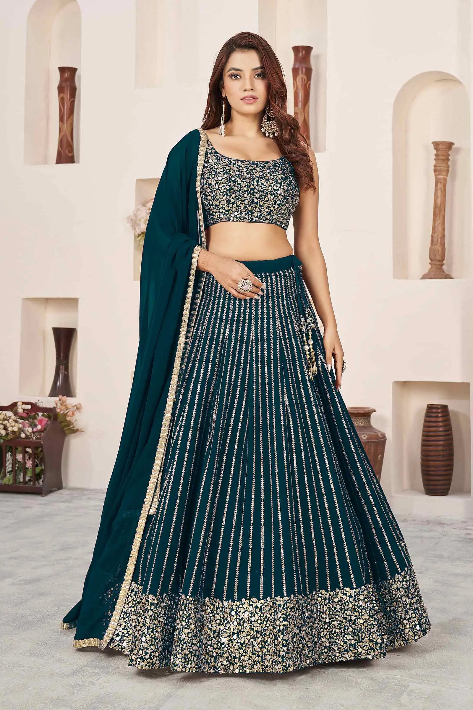Green Vogue Georgette Sequins And Zari Embroidered Lehenga choli