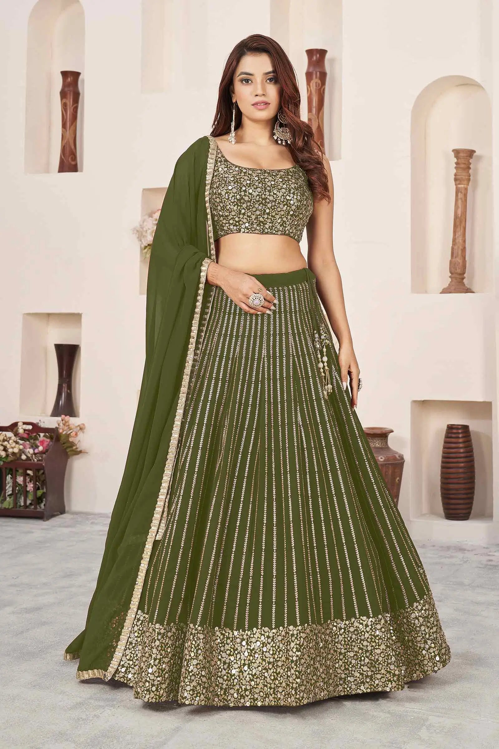 Dark Olive Green Georgette Lehenga With Sequins And Zari Embroidered Work | Ready To Wear - qivii