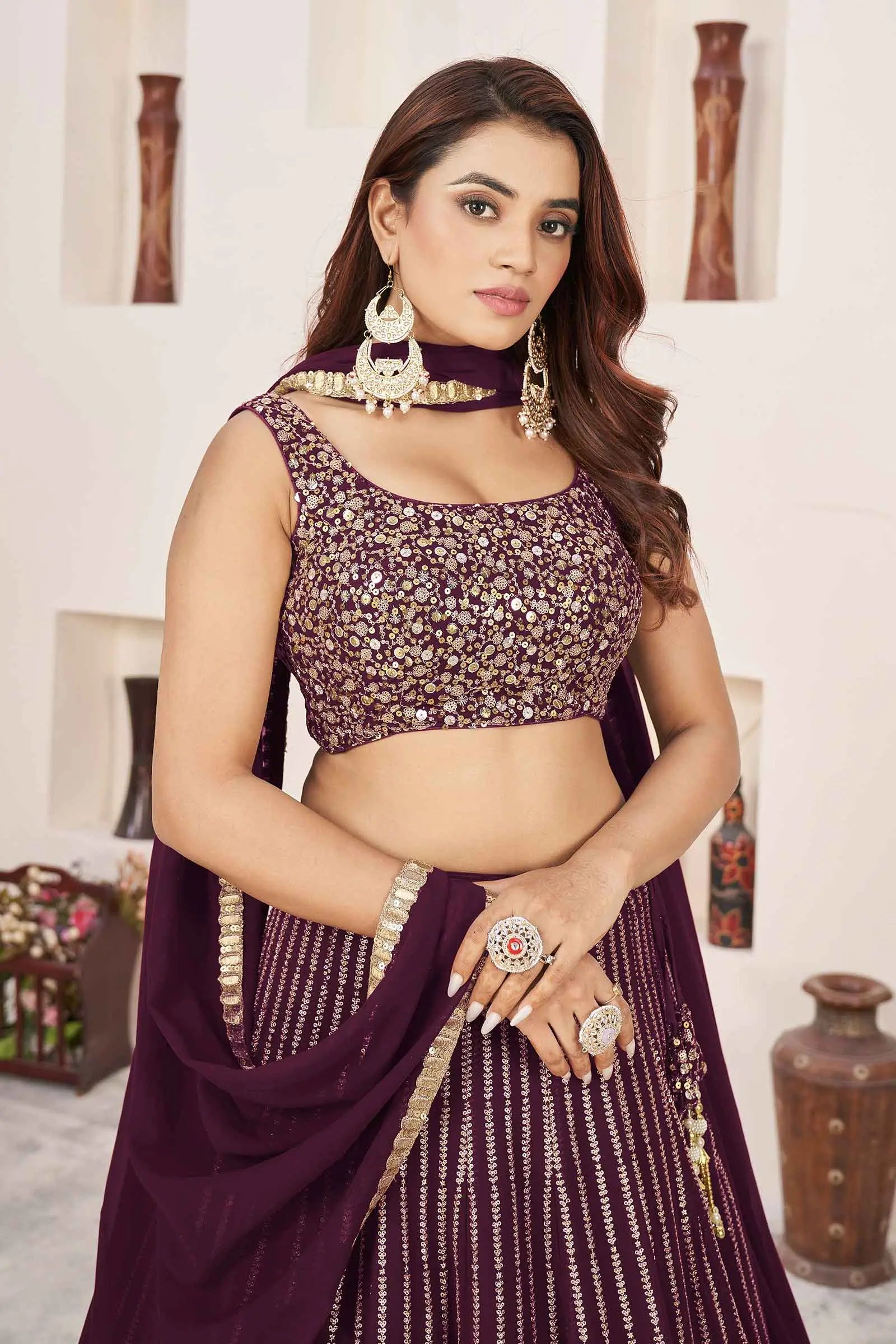 Wine Georgette Sequins And Zari Embroidered Lehenga choli | Ready To Wear - qivii