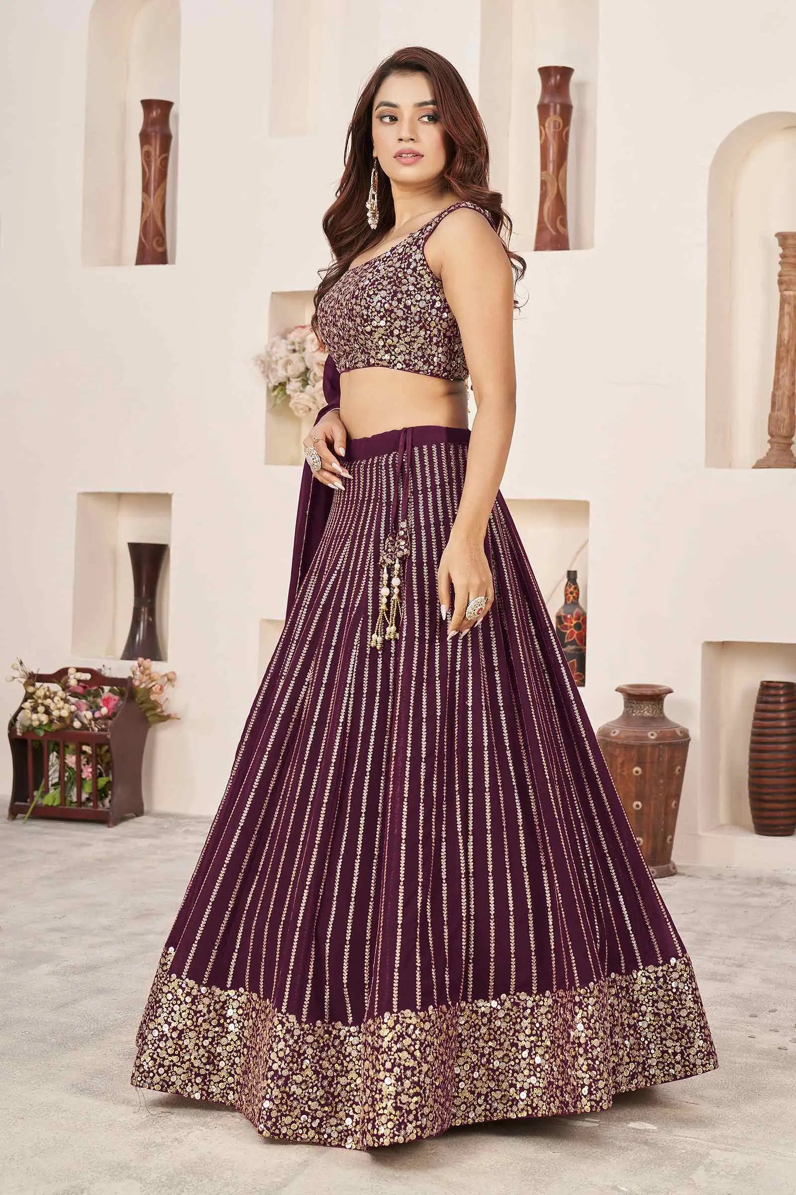 Wine Georgette Sequins And Zari Embroidered Lehenga choli | Ready To Wear - qivii