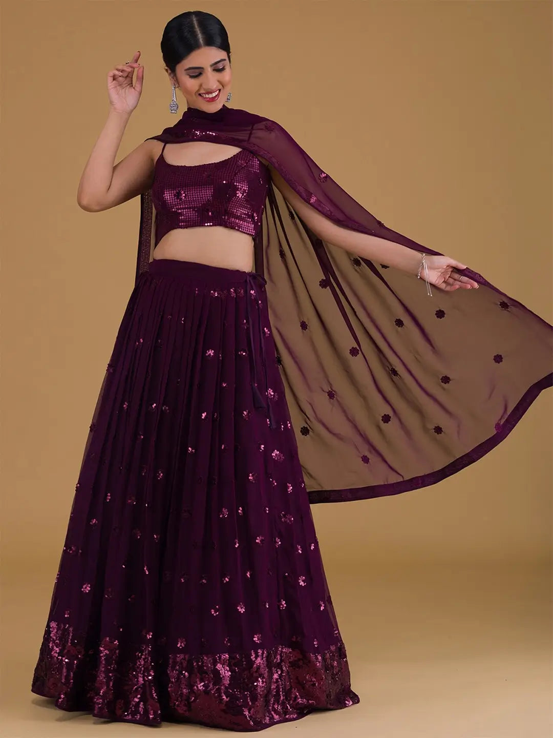Wonderful Wine Designer Sequins Embroidery Work Party Wear Lehenga - qivii
