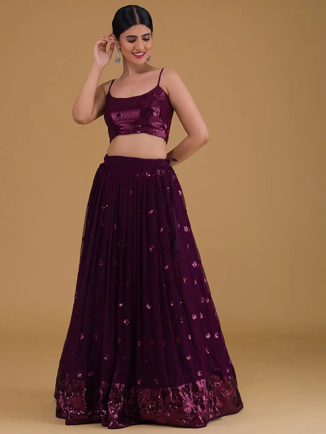 Wonderful Wine Designer Sequins Embroidery Work Party Wear Lehenga - qivii