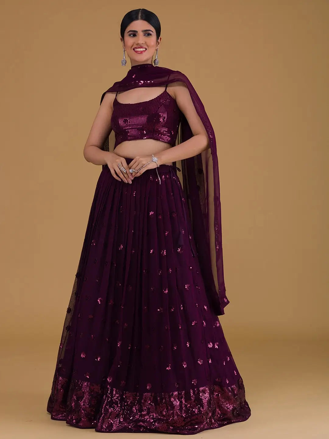 Wonderful Wine Designer Sequins Embroidery Work Party Wear Lehenga - qivii