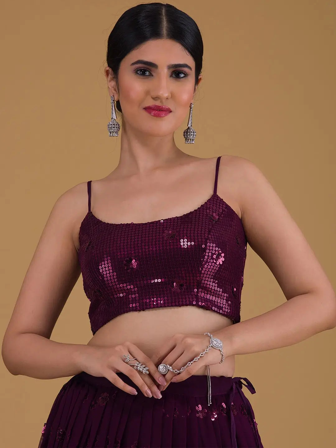 Wonderful Wine Designer Sequins Embroidery Work Party Wear Lehenga - qivii