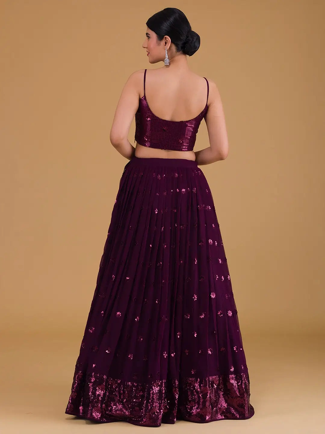 Wonderful Wine Designer Sequins Embroidery Work Party Wear Lehenga - qivii