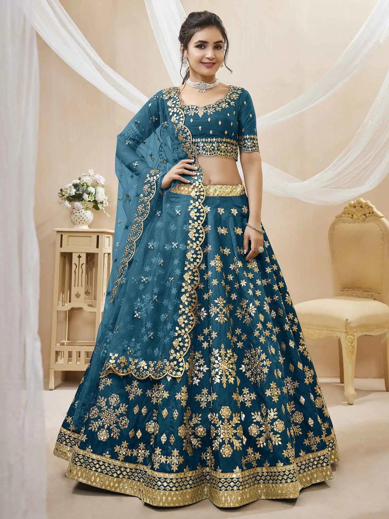 Teal Blue Art Silk lehenga With Sequins Zari Embroidered Work With Net Dupatta | Ready To Wear - qivii