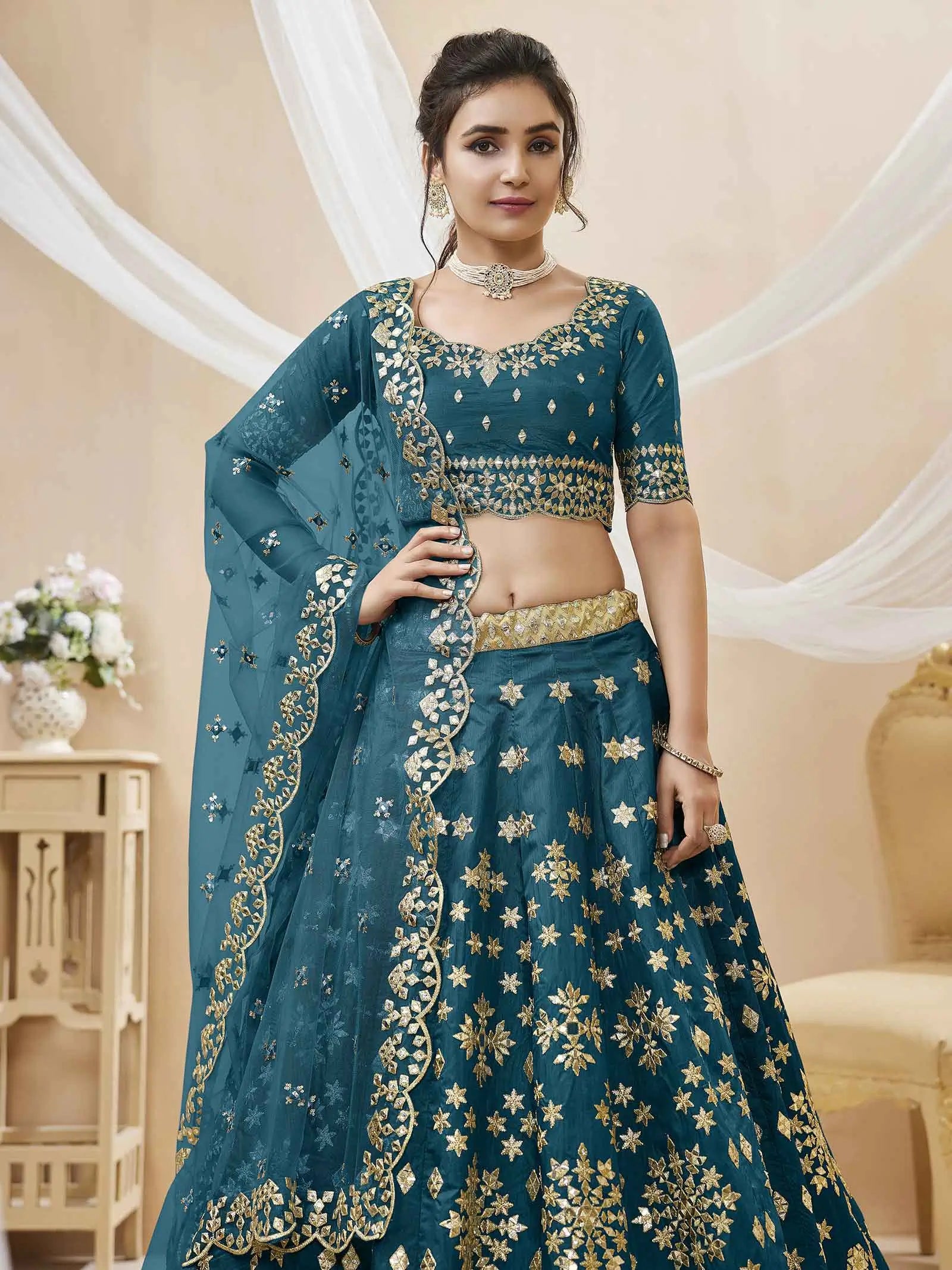 Teal Blue Art Silk lehenga With Sequins Zari Embroidered Work With Net Dupatta | Ready To Wear - qivii