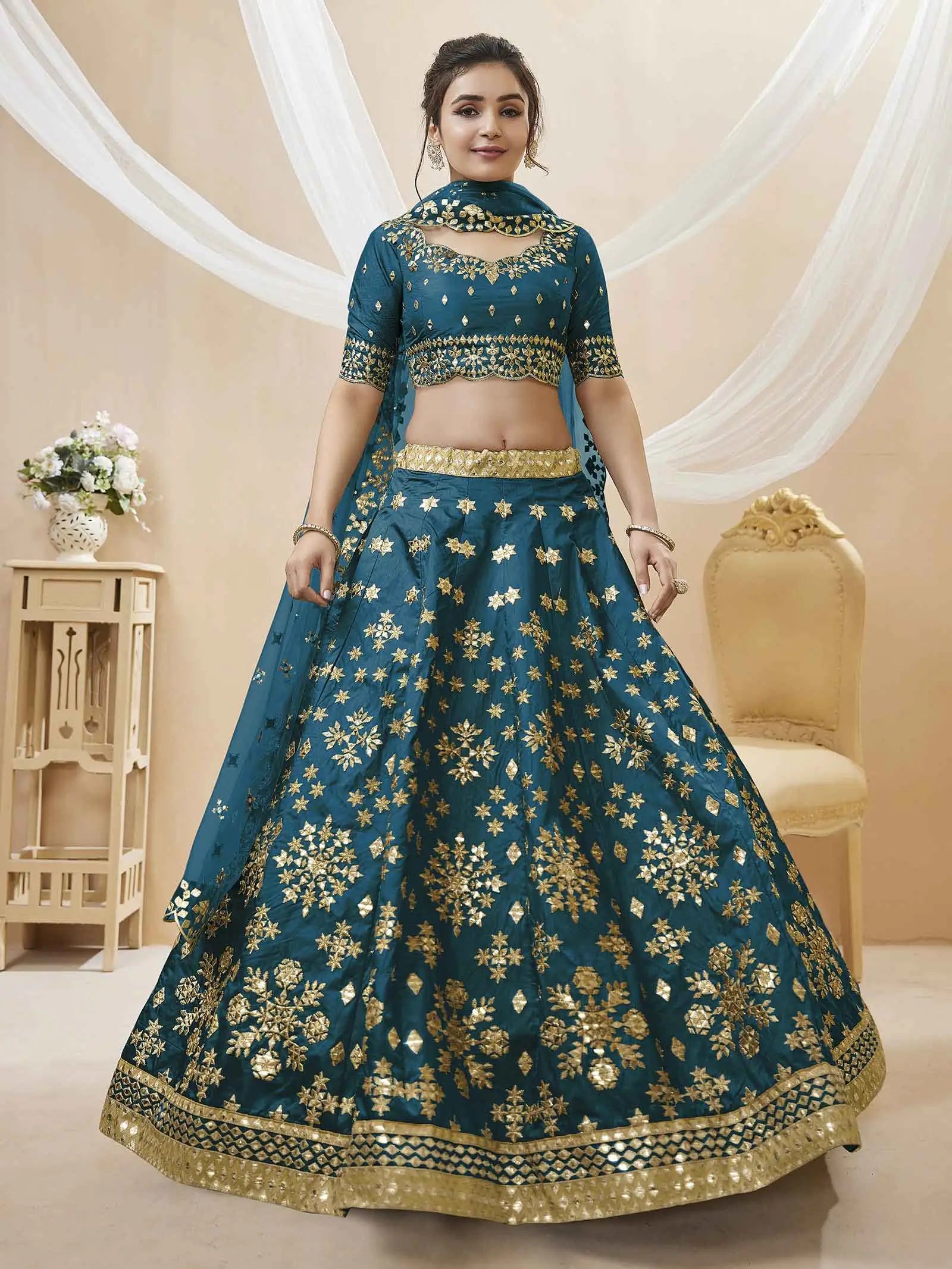 Teal Blue Art Silk lehenga With Sequins Zari Embroidered Work With Net Dupatta | Ready To Wear - qivii