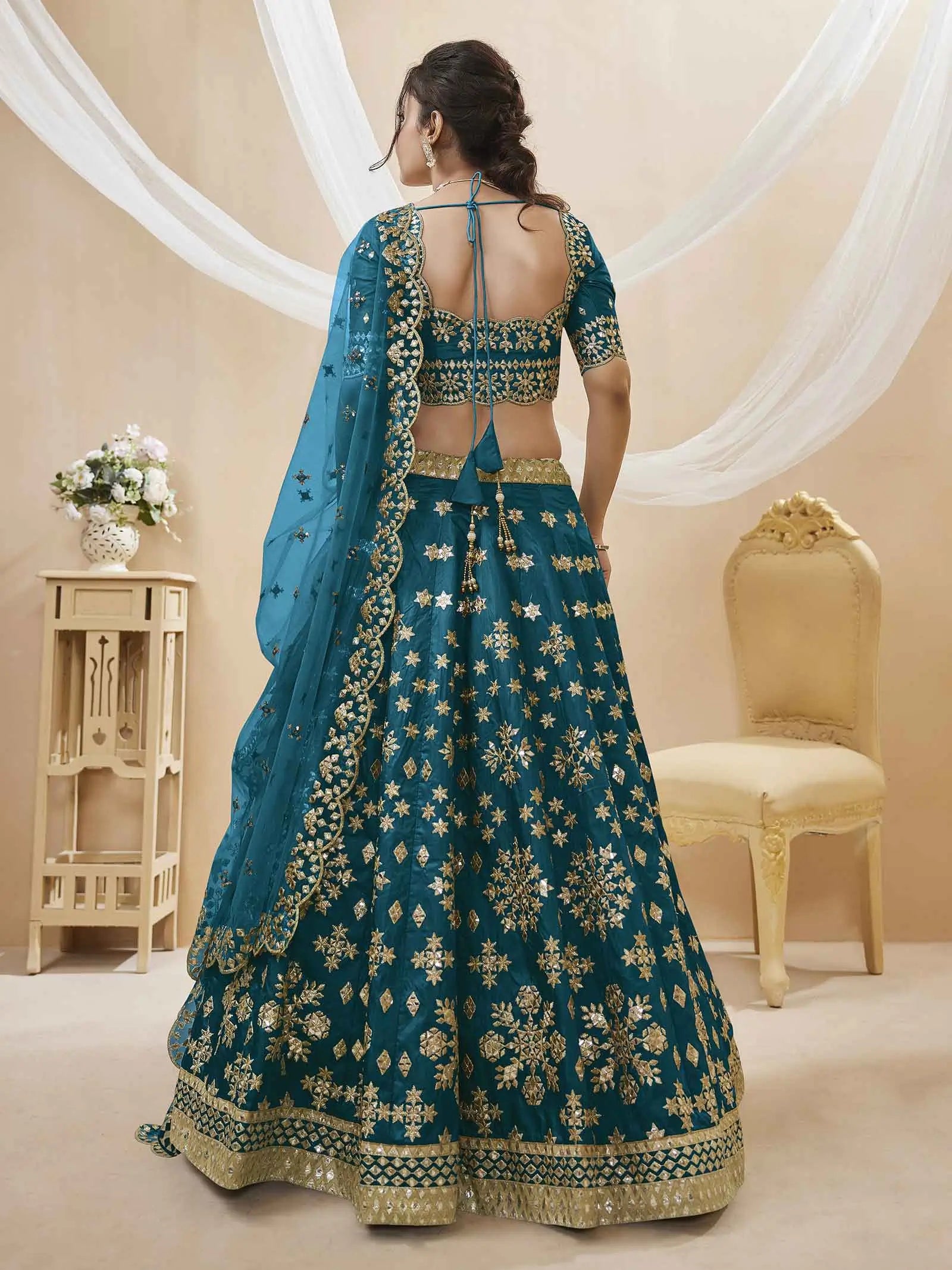 Teal Blue Art Silk lehenga With Sequins Zari Embroidered Work With Net Dupatta | Ready To Wear - qivii