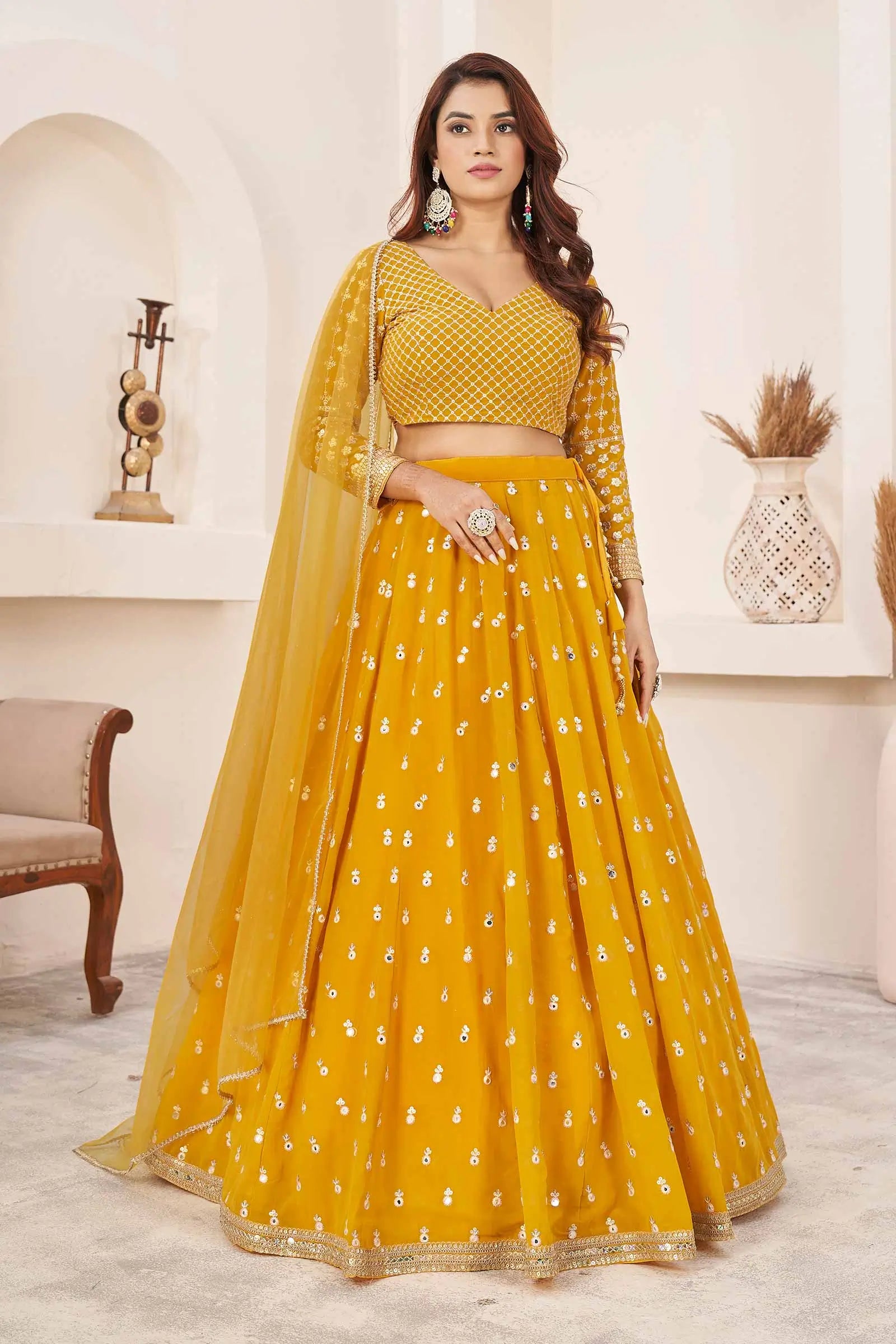 Yellow Multi Colored Thread With Sequins Embroidered Work Georgette Lehenga Choli | Ready To Wear - qivii