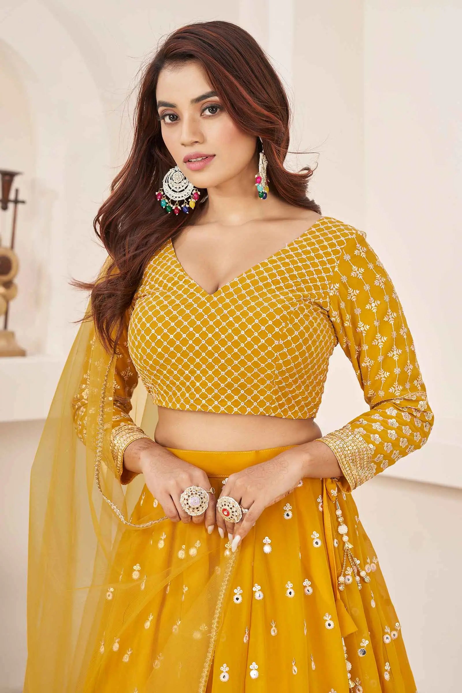 Yellow Multi Colored Thread With Sequins Embroidered Work Georgette Lehenga Choli | Ready To Wear - qivii