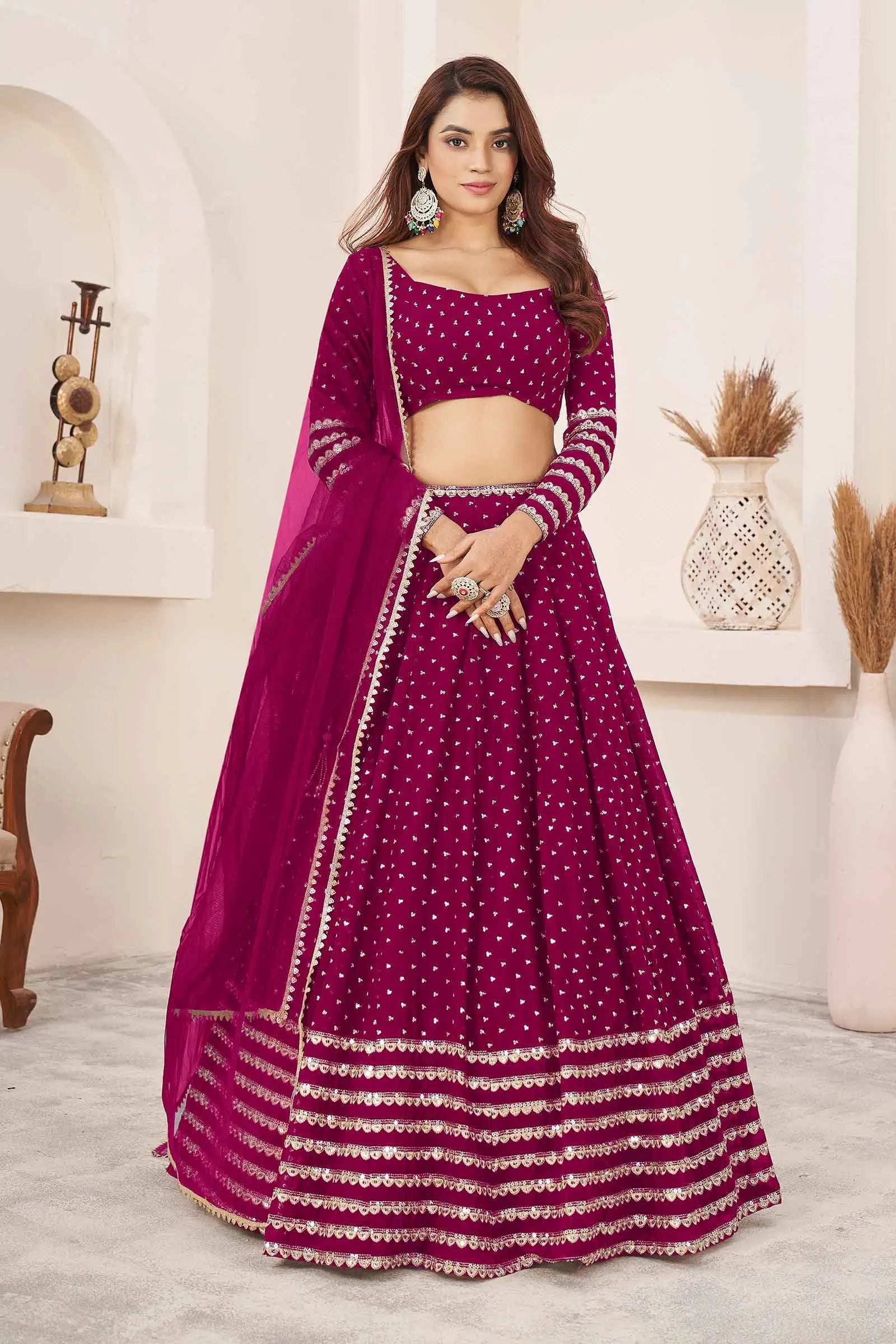 Mulberry Pink Zari Sequins Embroidery Work Georgette Lehenga Choli | Ready To Wear - qivii