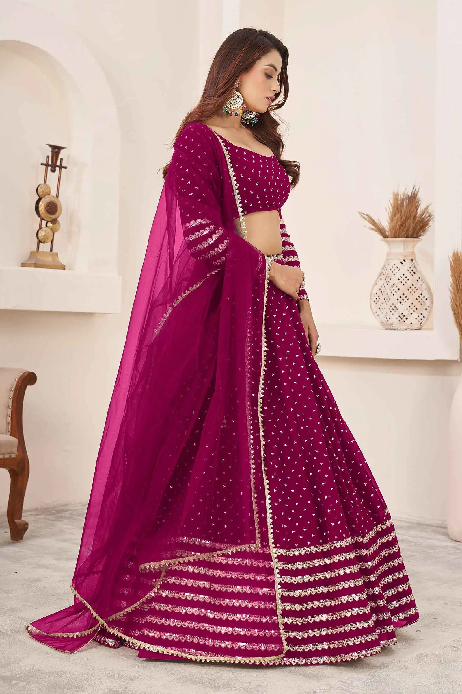 Mulberry Pink Zari Sequins Embroidery Work Georgette Lehenga Choli | Ready To Wear - qivii