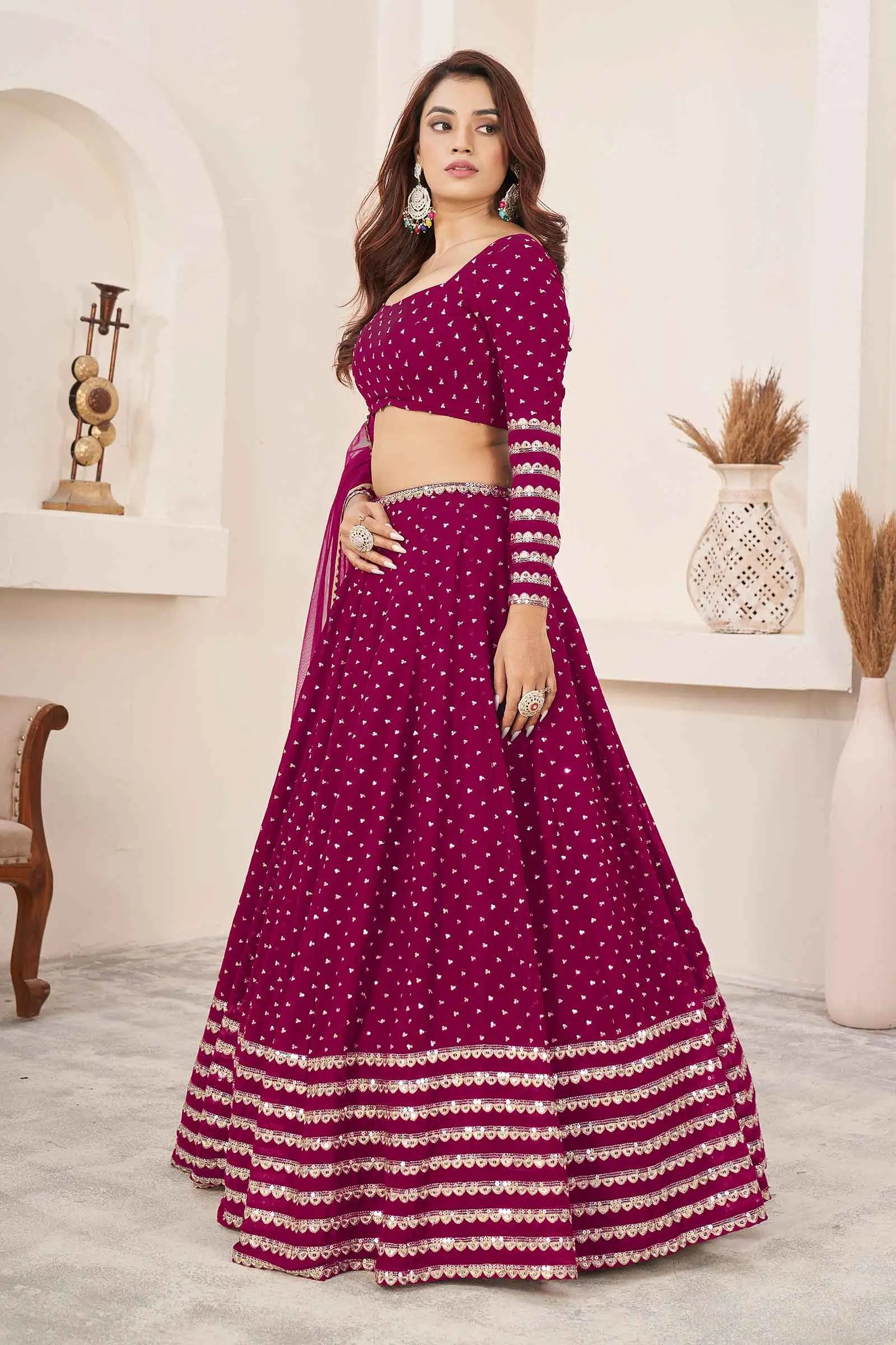 Mulberry Pink Zari Sequins Embroidery Work Georgette Lehenga Choli | Ready To Wear - qivii
