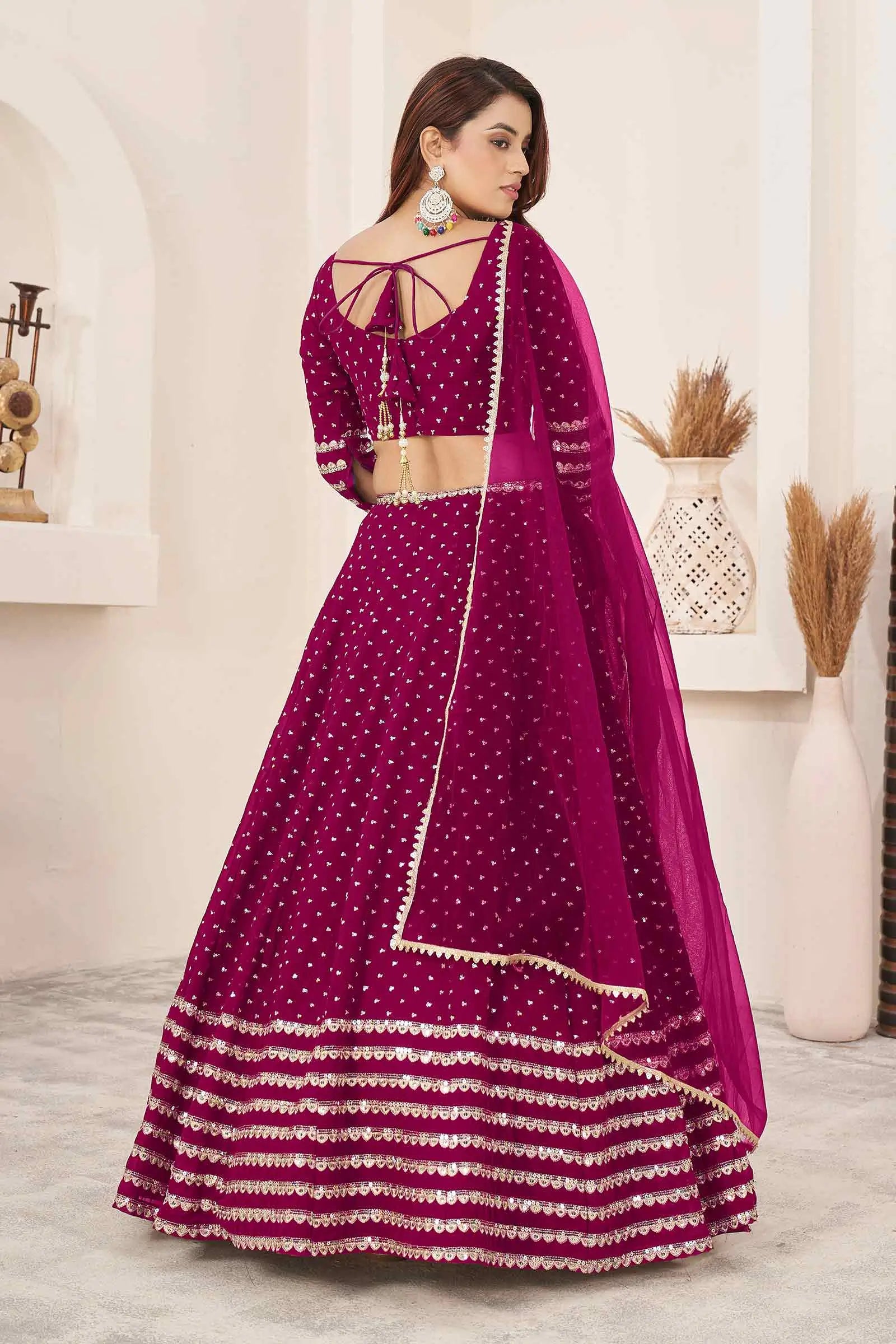 Mulberry Pink Zari Sequins Embroidery Work Georgette Lehenga Choli | Ready To Wear - qivii