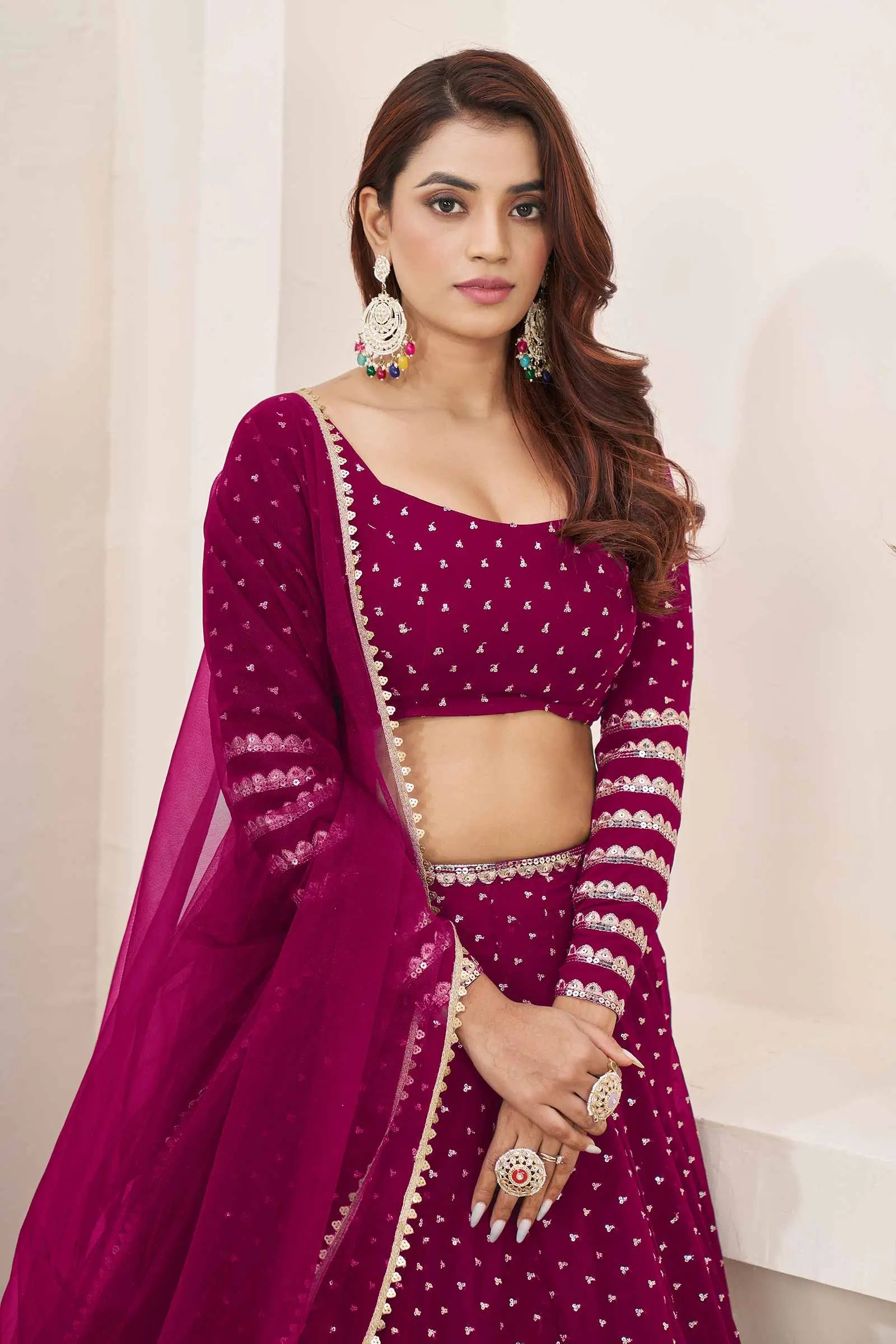 Mulberry Pink Zari Sequins Embroidery Work Georgette Lehenga Choli | Ready To Wear - qivii