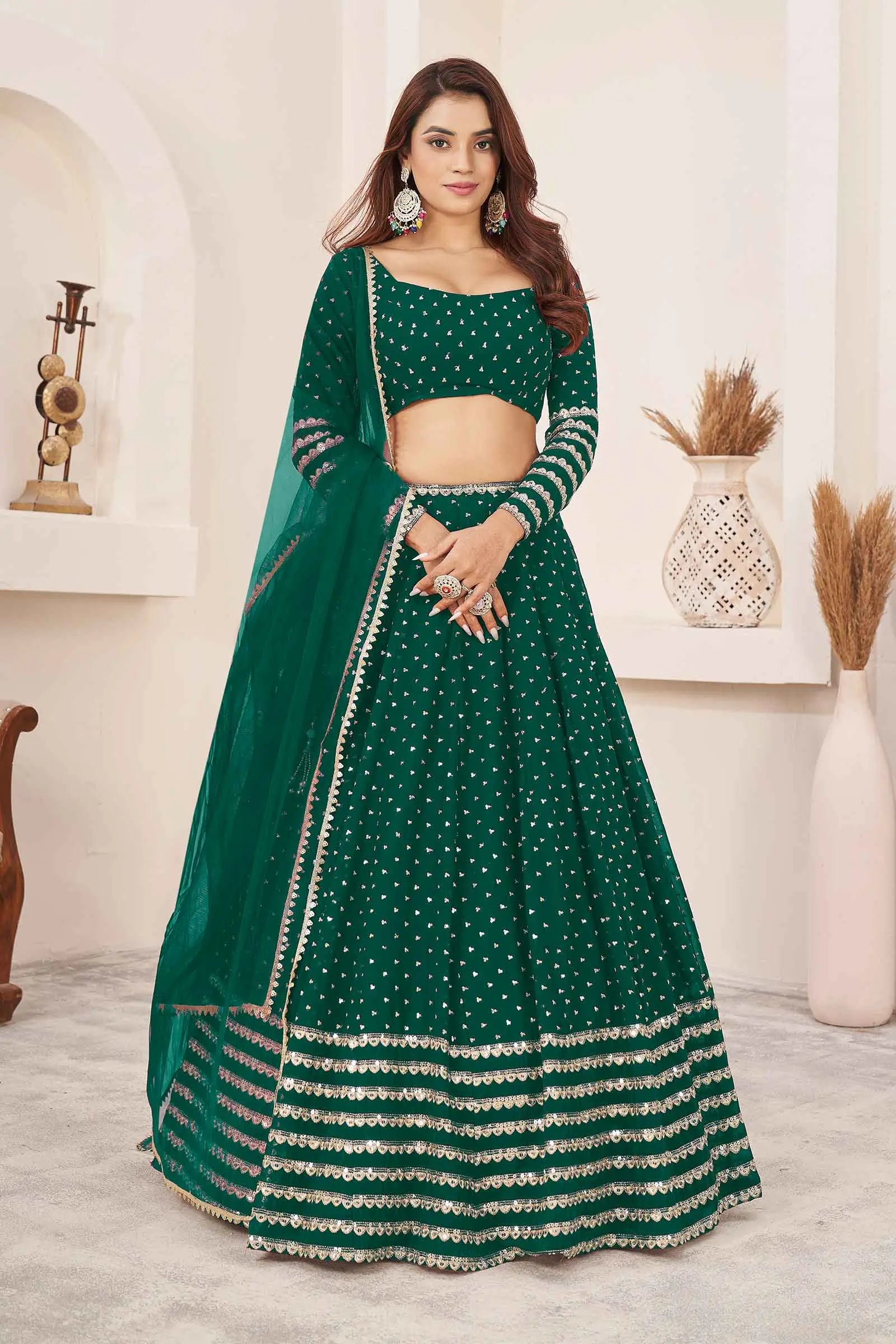 Teal Green Georgette Lehenga With Zari And Sequins Embroidery Work | Ready To Wear - qivii