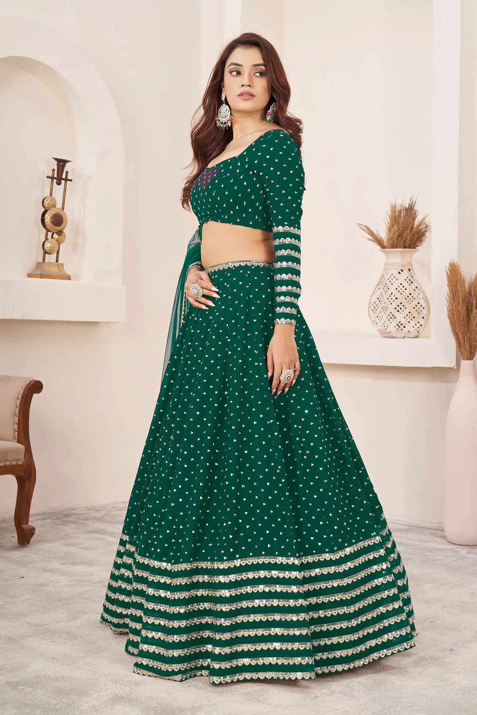 Teal Green Georgette Lehenga With Zari And Sequins Embroidery Work | Ready To Wear - qivii