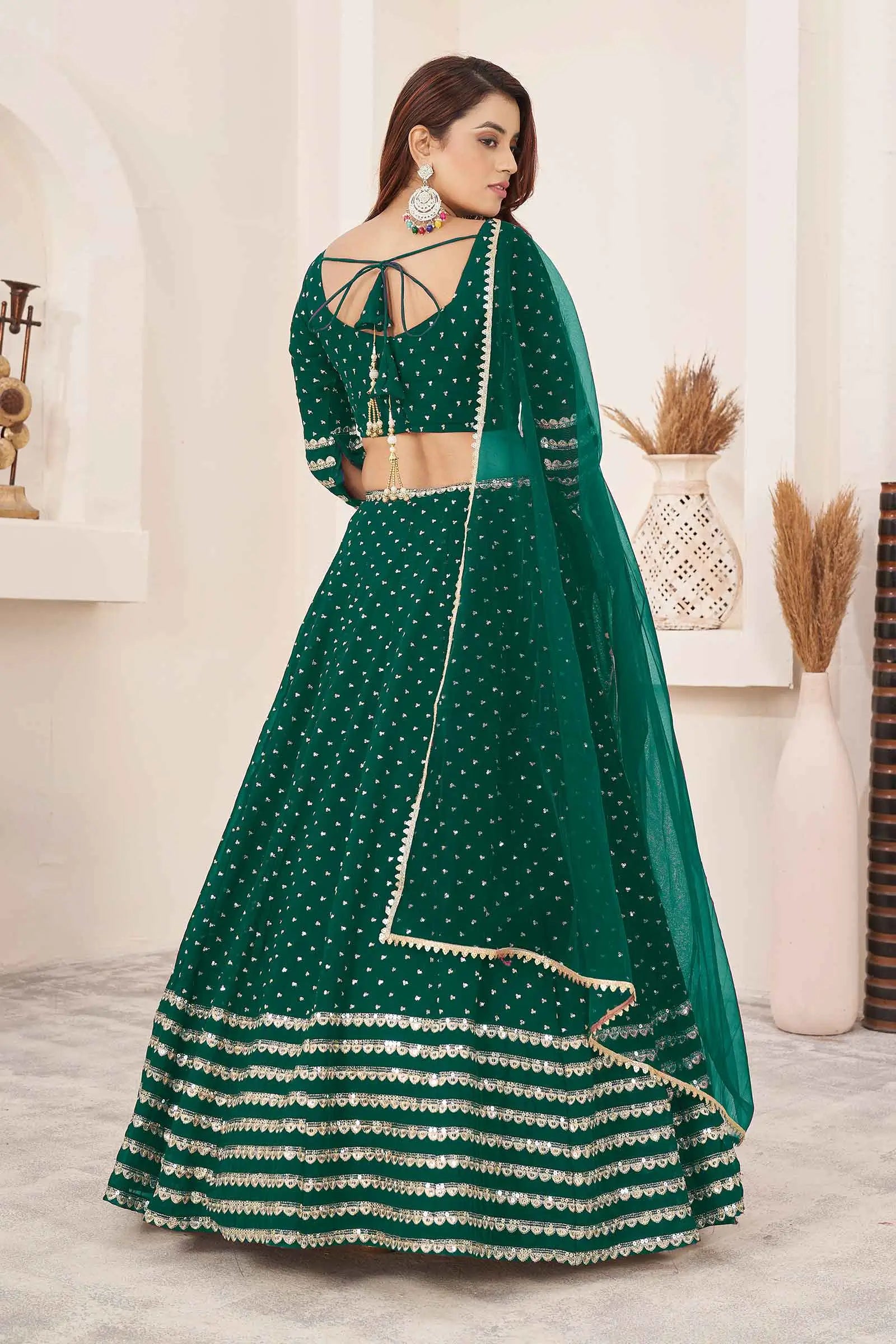 Teal Green Georgette Lehenga With Zari And Sequins Embroidery Work | Ready To Wear - qivii