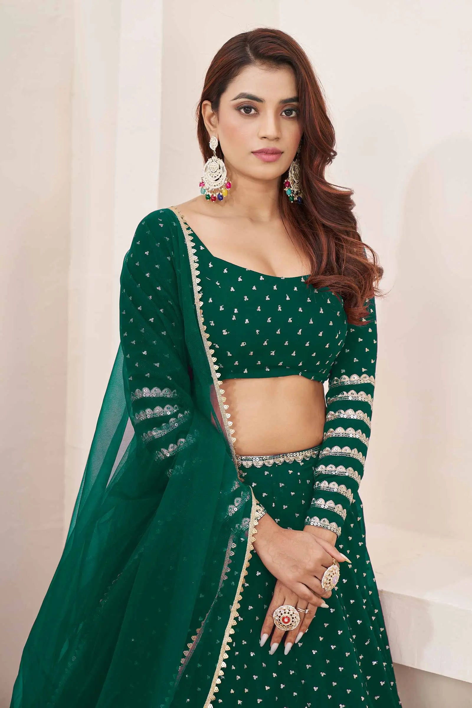Teal Green Georgette Lehenga With Zari And Sequins Embroidery Work | Ready To Wear - qivii