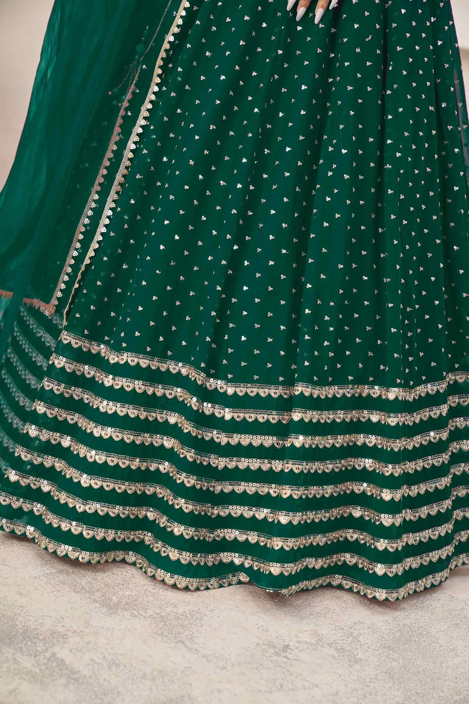 Teal Green Georgette Lehenga With Zari And Sequins Embroidery Work | Ready To Wear - qivii