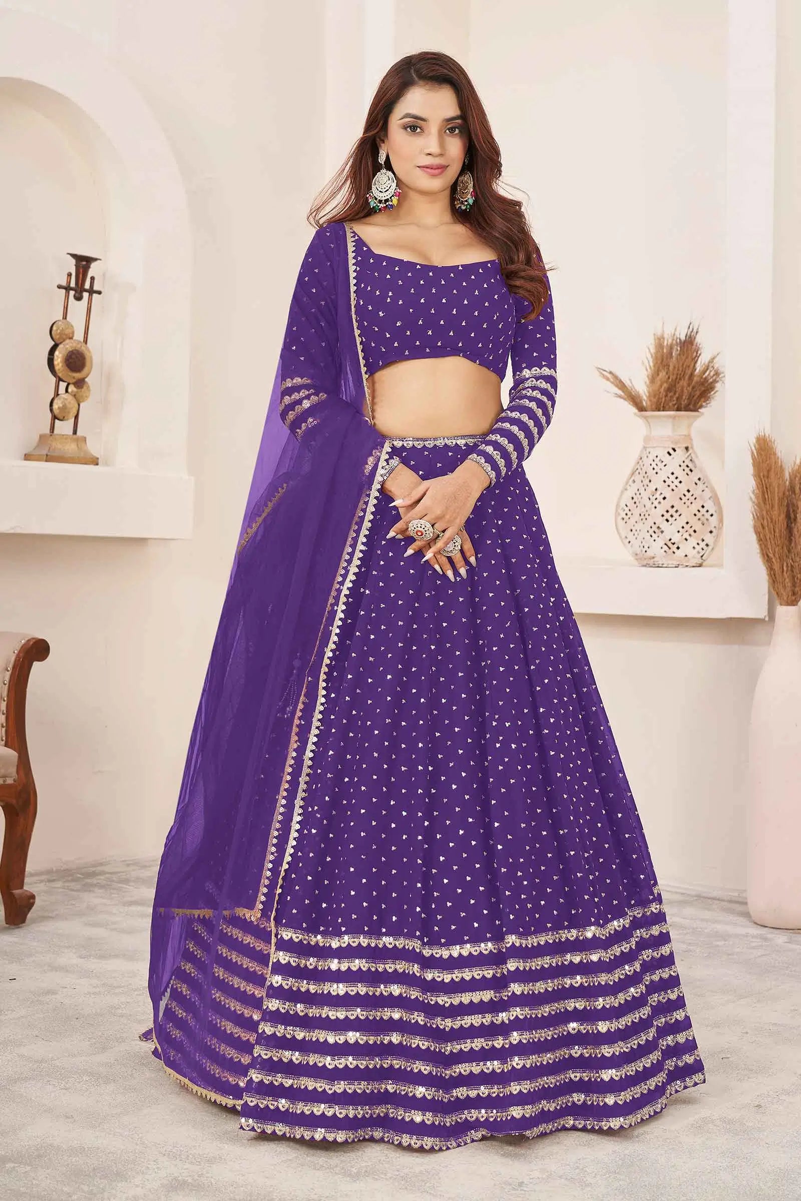Violet Zari Sequins Embroidery Work Georgette Lehenga Choli | Ready To Wear - qivii
