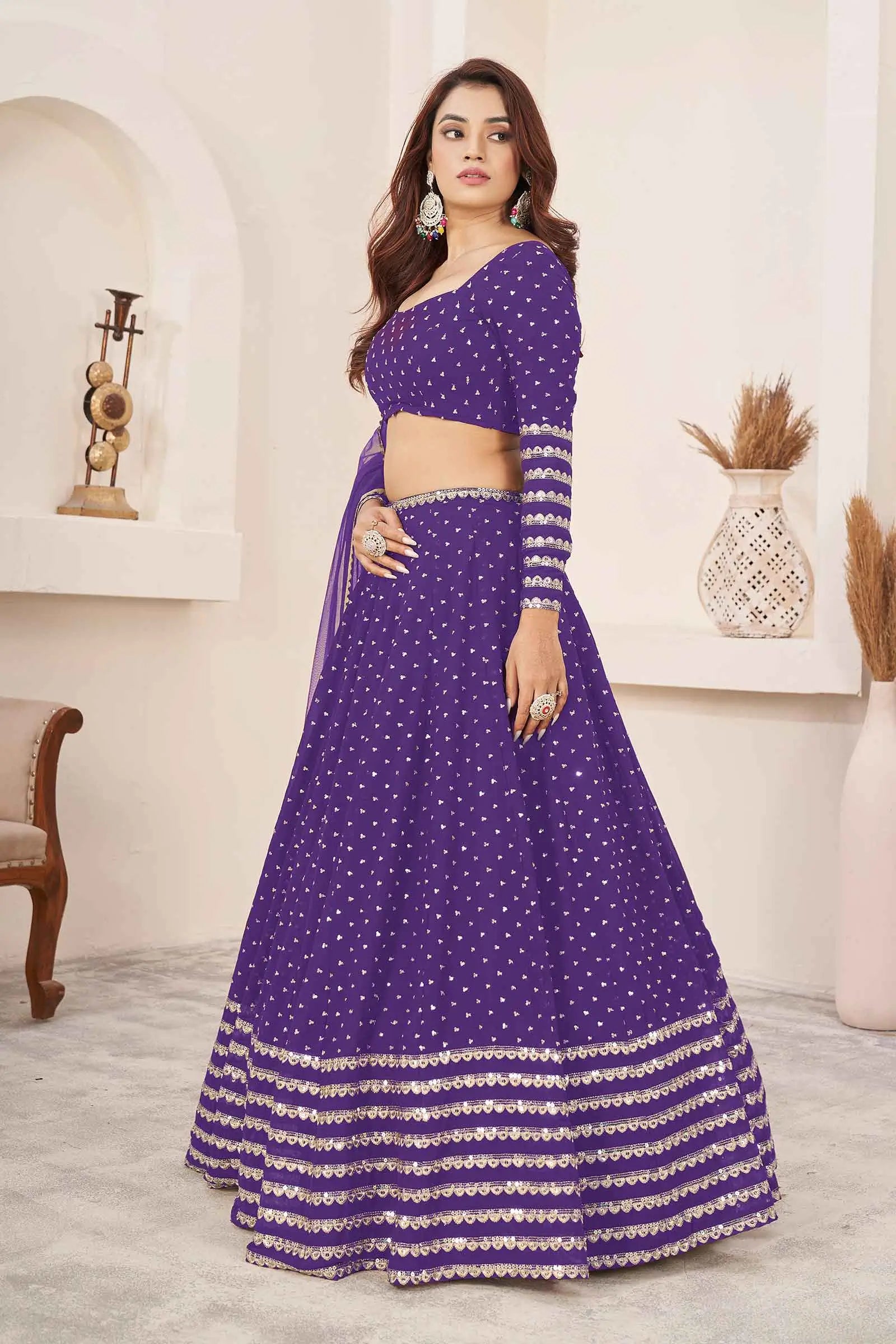 Violet Zari Sequins Embroidery Work Georgette Lehenga Choli | Ready To Wear - qivii