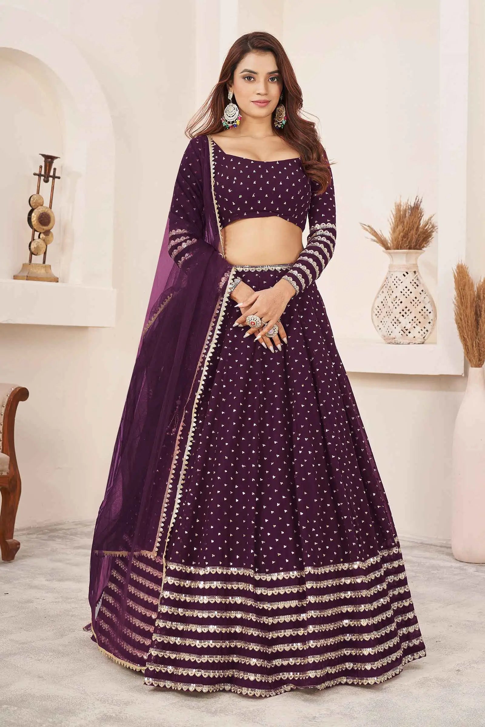 Wine Zari Sequins Embroidery Work Georgette Lehenga Choli | Ready To Wear - qivii