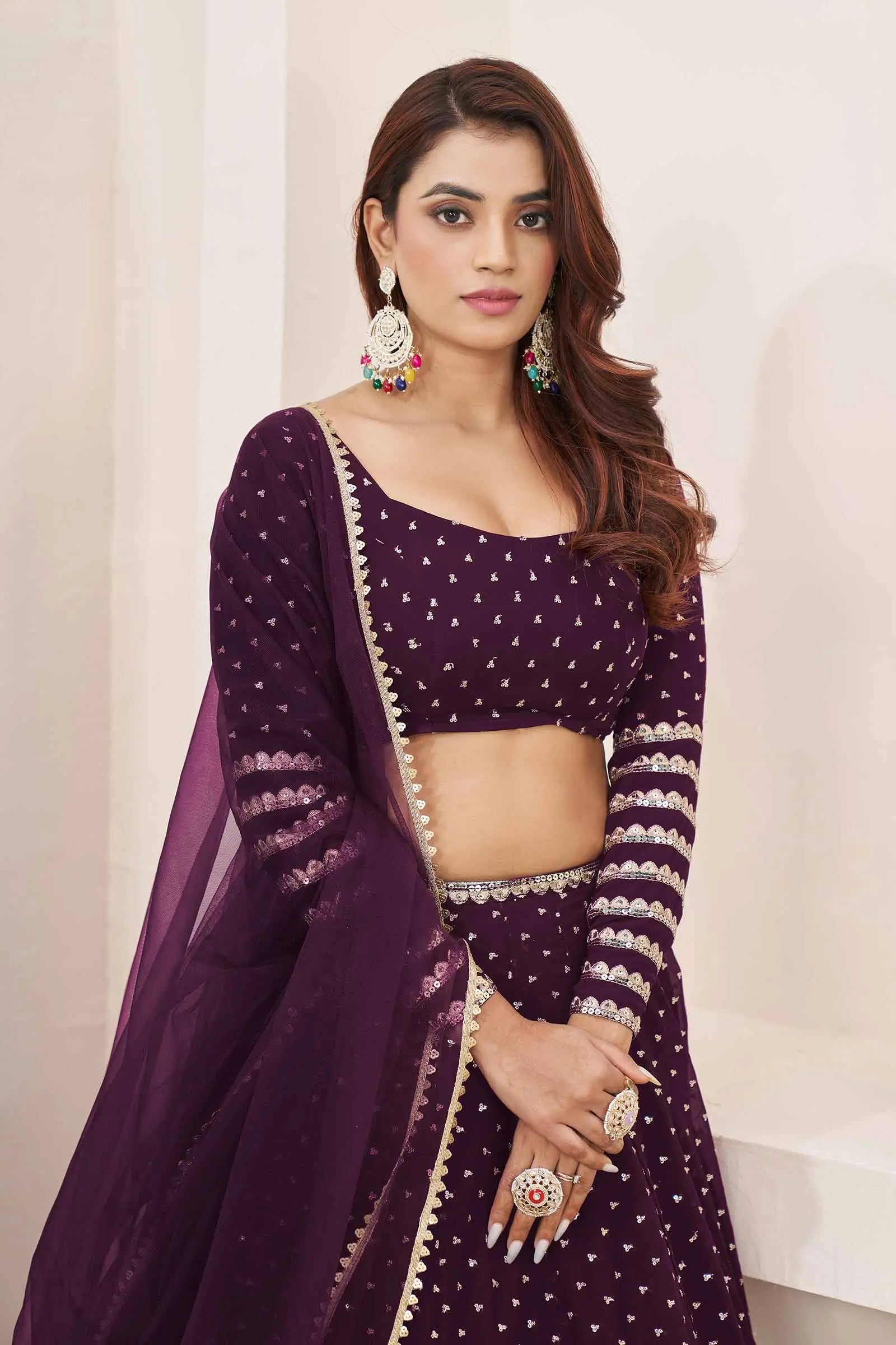 Wine Zari Sequins Embroidery Work Georgette Lehenga Choli | Ready To Wear - qivii