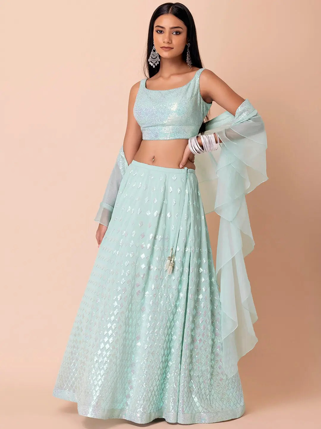Sky Blue Party Wear Lehenga With Sequins Work with Ruffle Dupatta - qivii