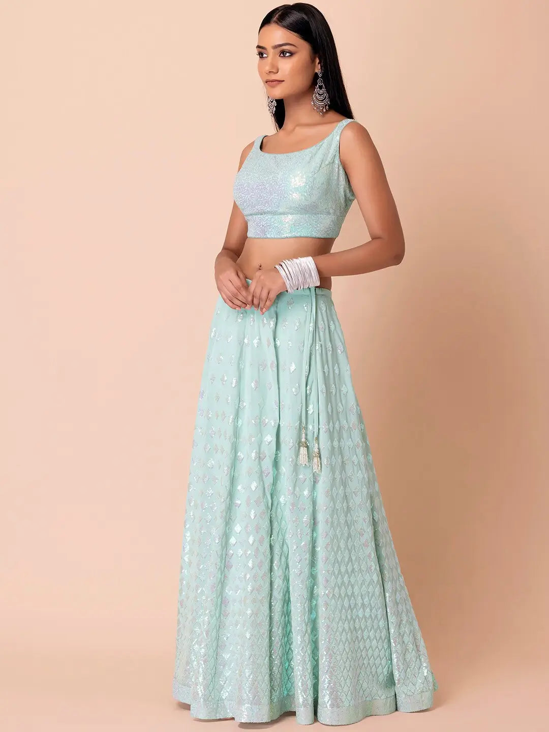 Sky Blue Party Wear Lehenga With Sequins Work with Ruffle Dupatta - qivii